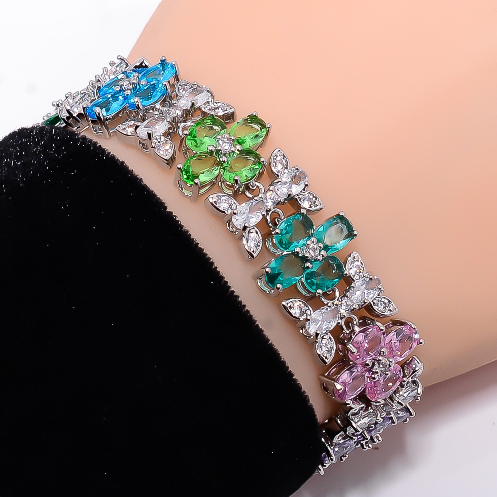 Multi Sapphire -Simulated, CZ 925 Sterling Silver Adjustable Bracelet 7-8″ B938