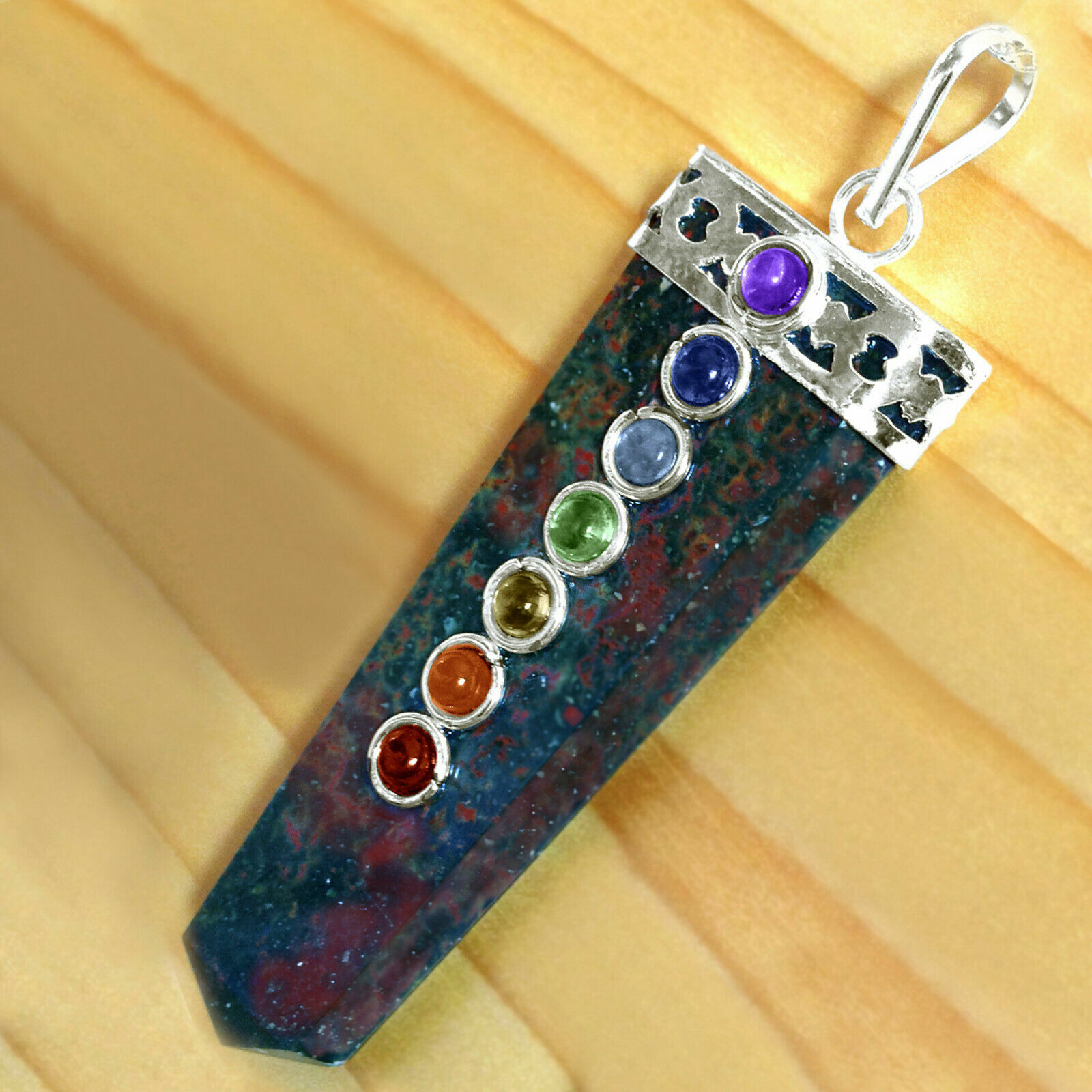 CHARGED Bloodstone Jasper Chakra Pendant LARGE Crystal Sterling Silver Necklace