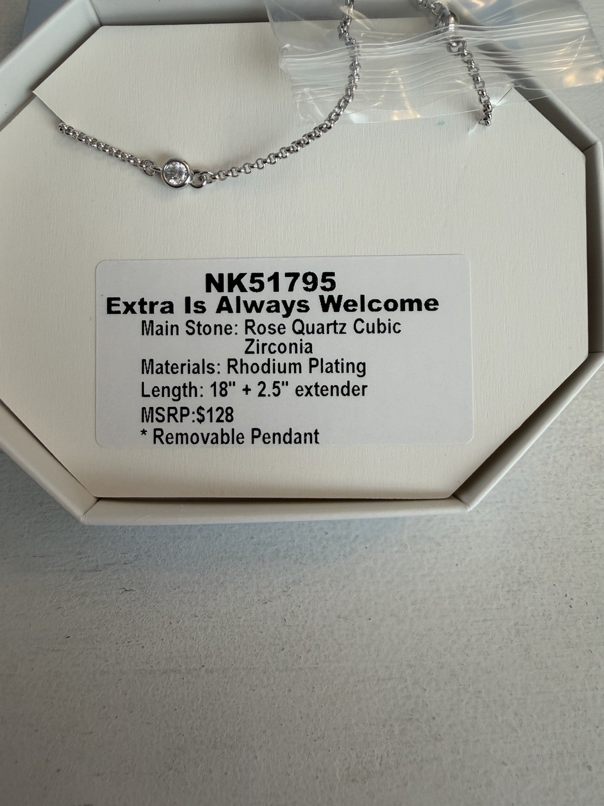 BP Rhodium Plated Rose Quartz CZ Asymmetrical Pendant Necklace 18in NK51795