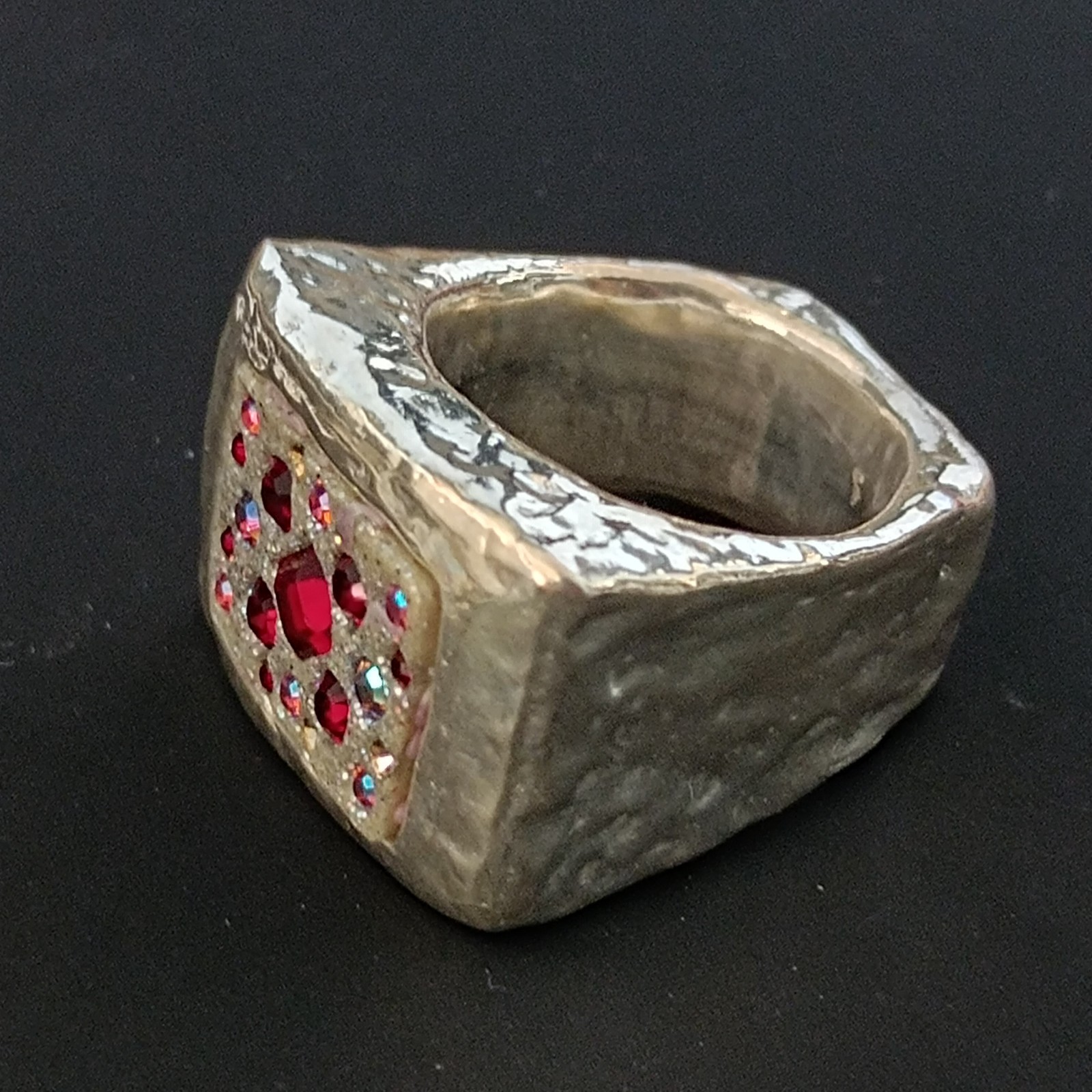 Chunky Silver Statement Ring Hammered Puffy Dramatic Bold Red Orit Schatzman 925