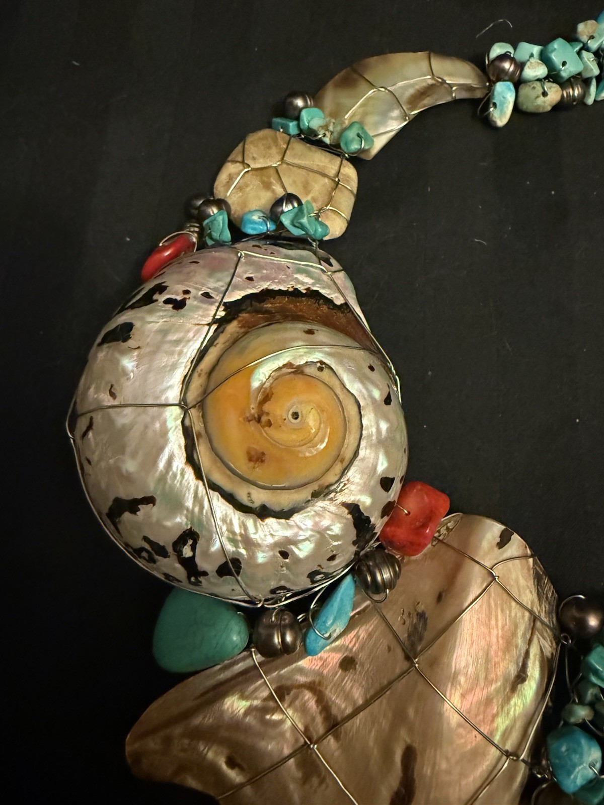 Nautilus Abalone Shell Turquoise & Beads Wire Wrapped Artisan Choker Necklace