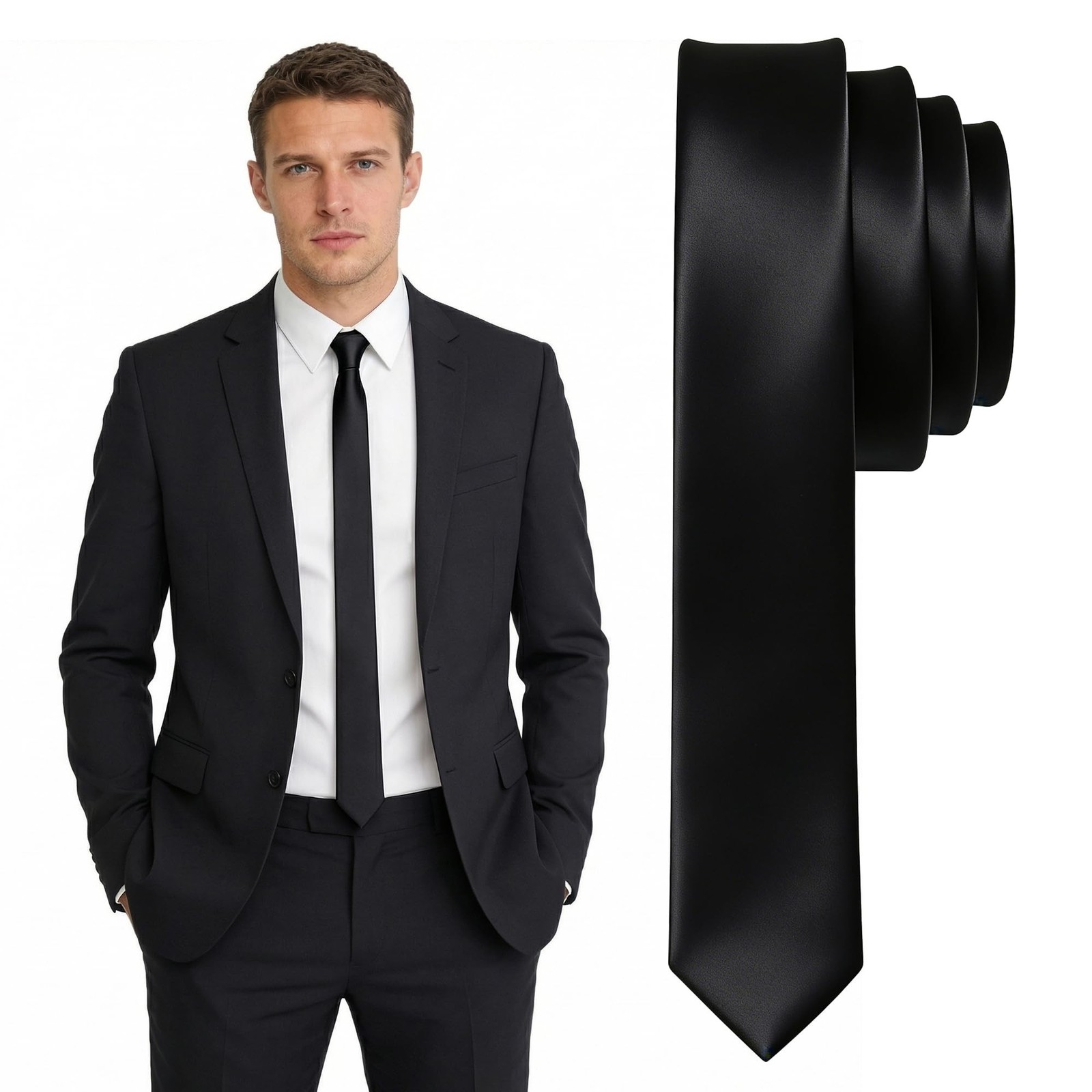 Skinny Tie Men Women 2″ (5CM) Slim Necktie Solid Thin Ties Formal Black