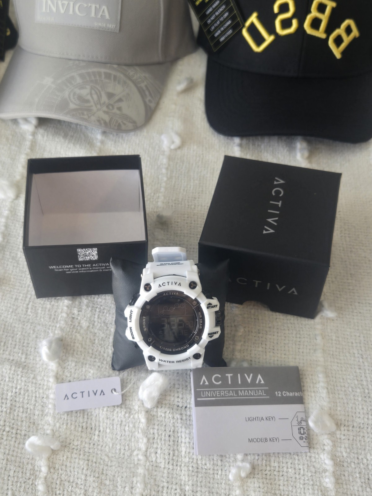 Activa Digital Quartz Sport Watch Chronograph Backlight 50mm White Resin Box
