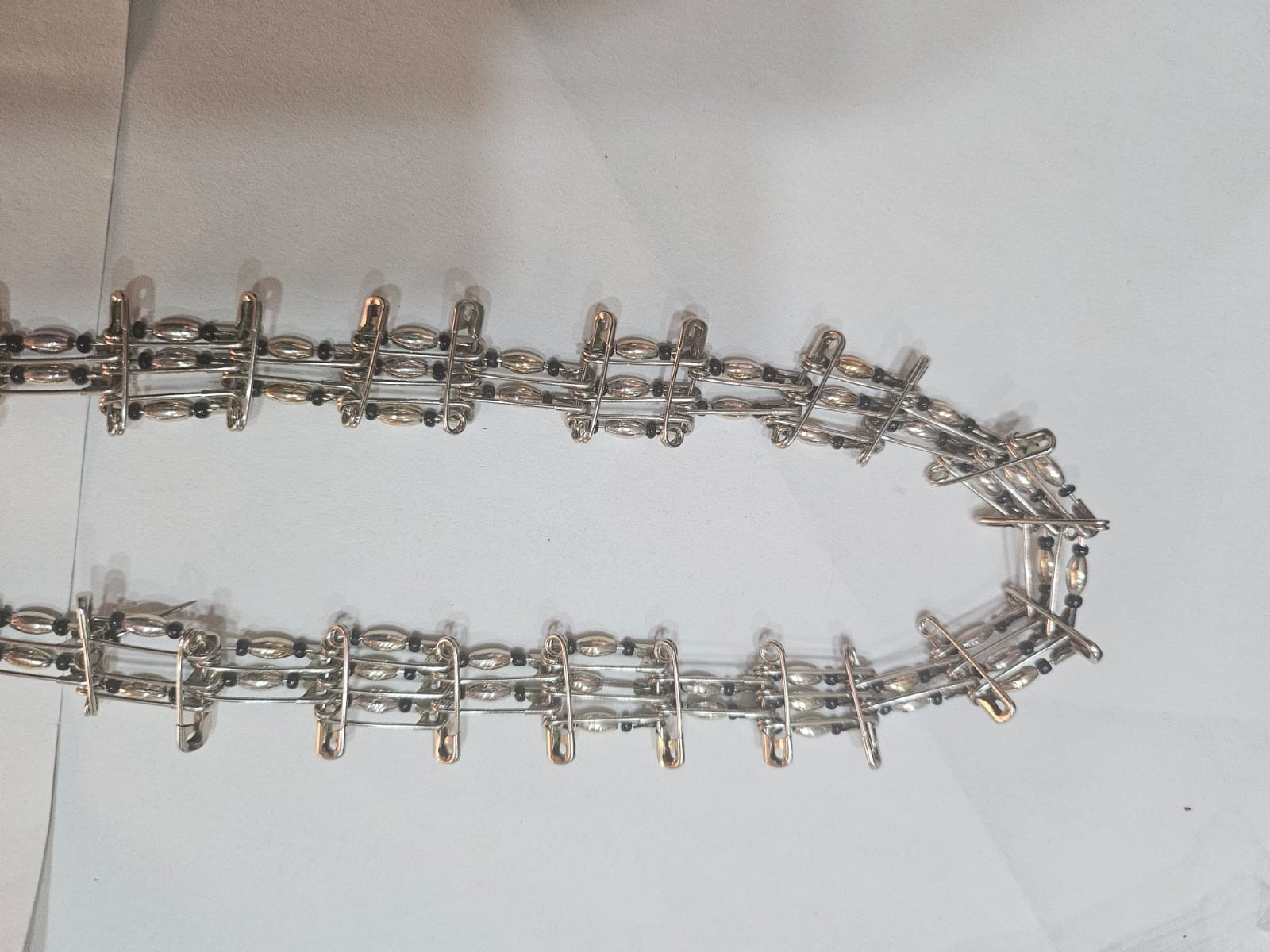 Unique Handmade Safety Pin Statement Necklace – Silver & Black Beaded Punk/Chic