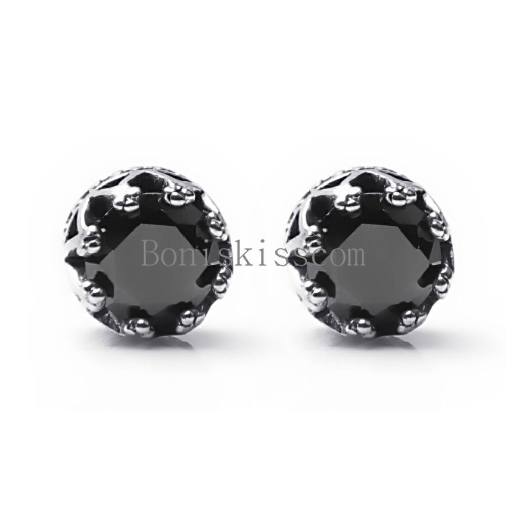 Women’s Men’s Round Crown Cubic Zirconia Silver Stainless Steel Stud Earrings