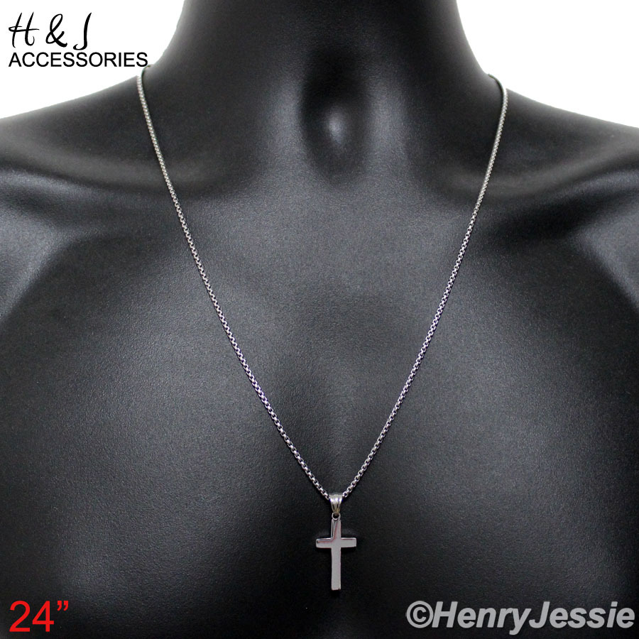 16-30″Stainless Steel 1.5mm Silver Box Link Chain Simple Plain Cross Pendant*P67