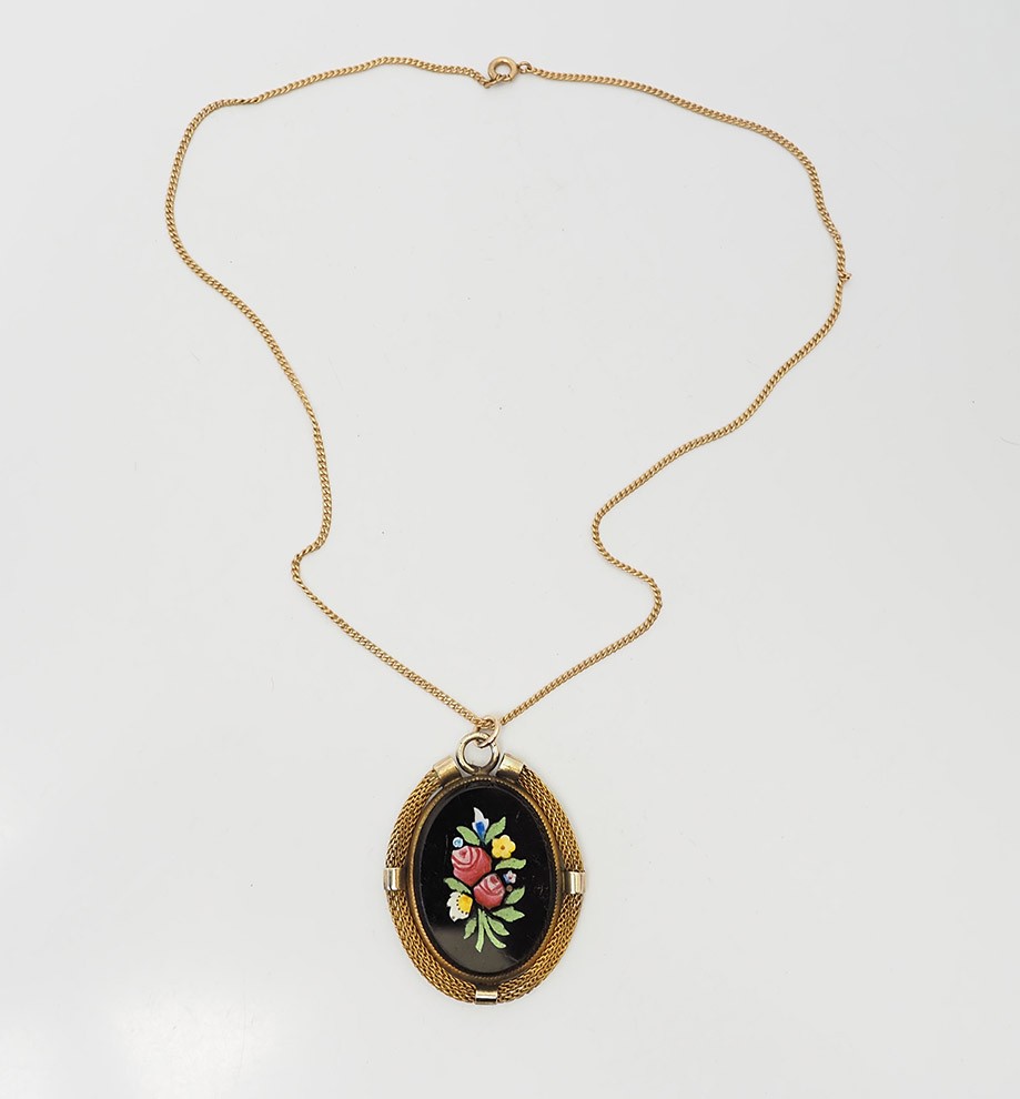 Antqiue gold filled Petra Dura flowers floral bouquet pendant necklace