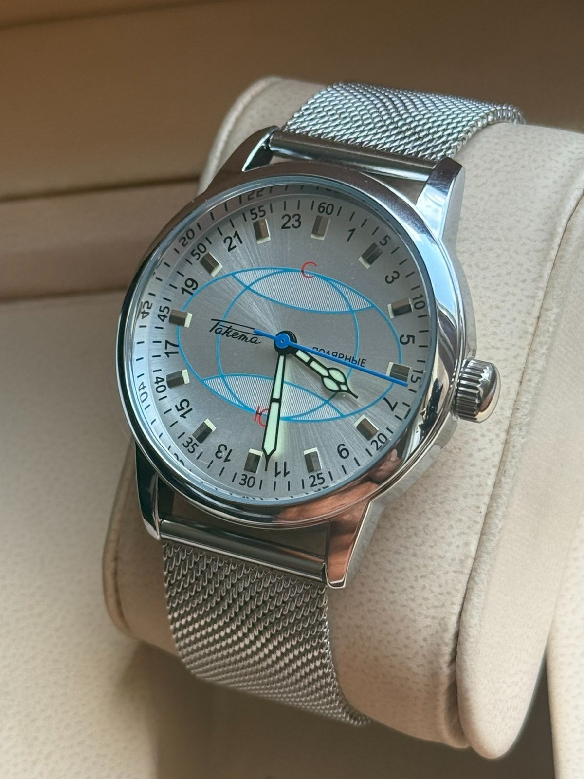 Watch 24h Mechanical Raketa Wrist Men Soviet USSR Polar Day Russian Rare Silver