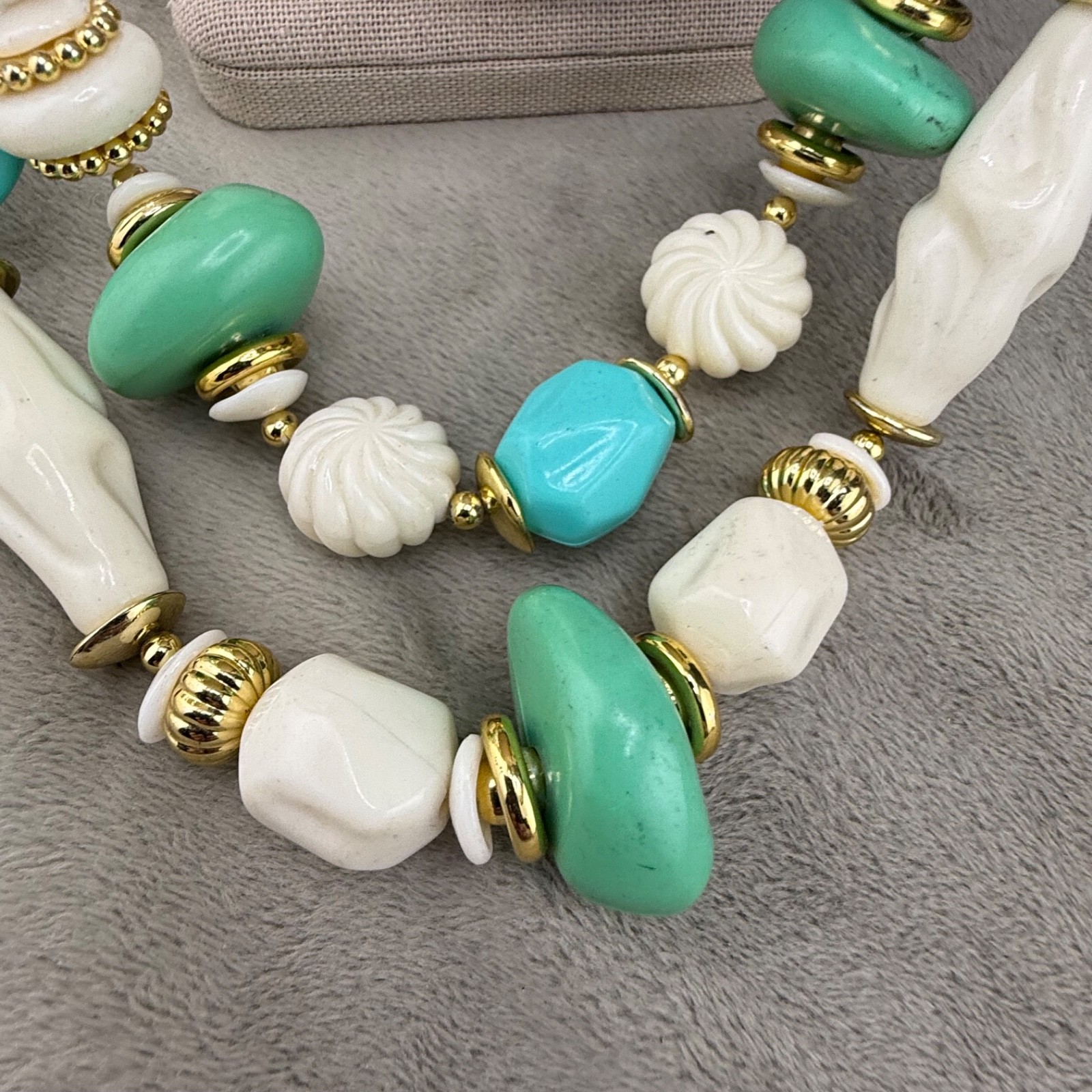 Vintage Beaded Layered Necklace Chunky Blue Green Gold Tone 30″