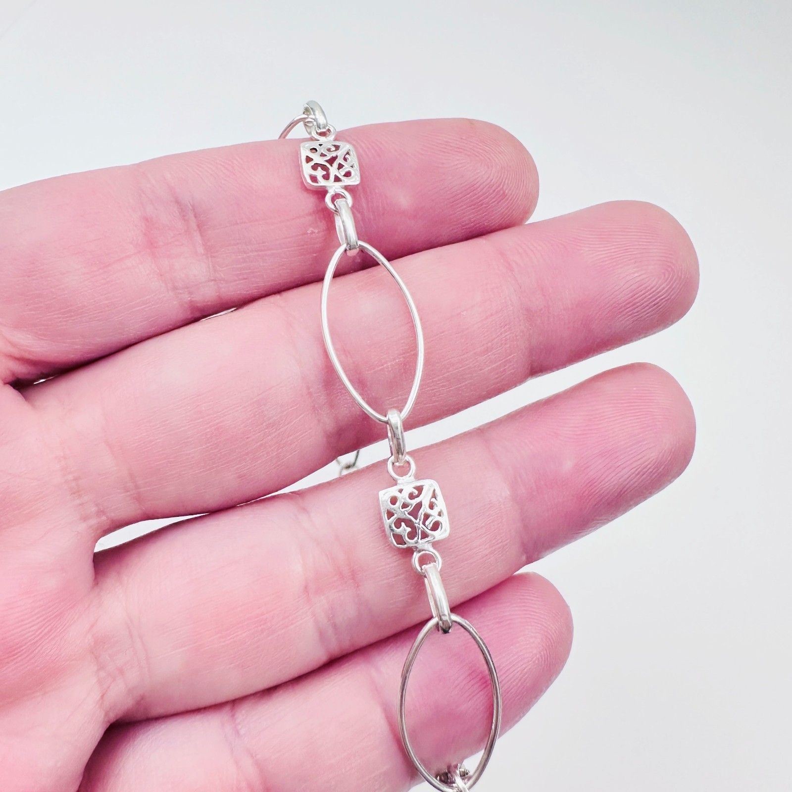 925 Sterling Silver Oval & Square Filigree Links Bracelet 6-10mm, 7 1/4″