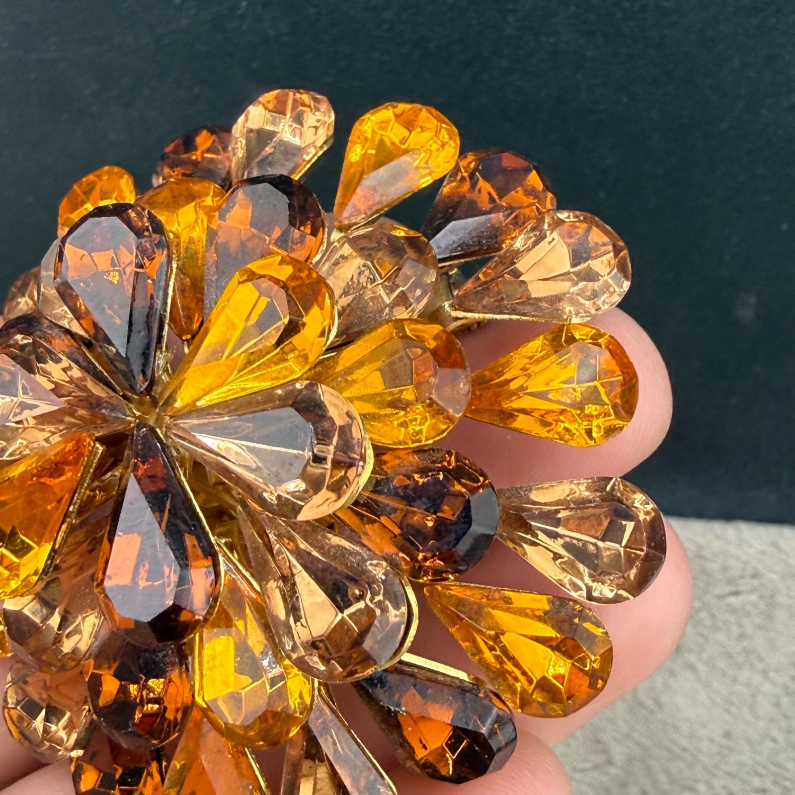 Vintage Rhinestone Brooch Orange Brown Gold Tone Layered Sparkle