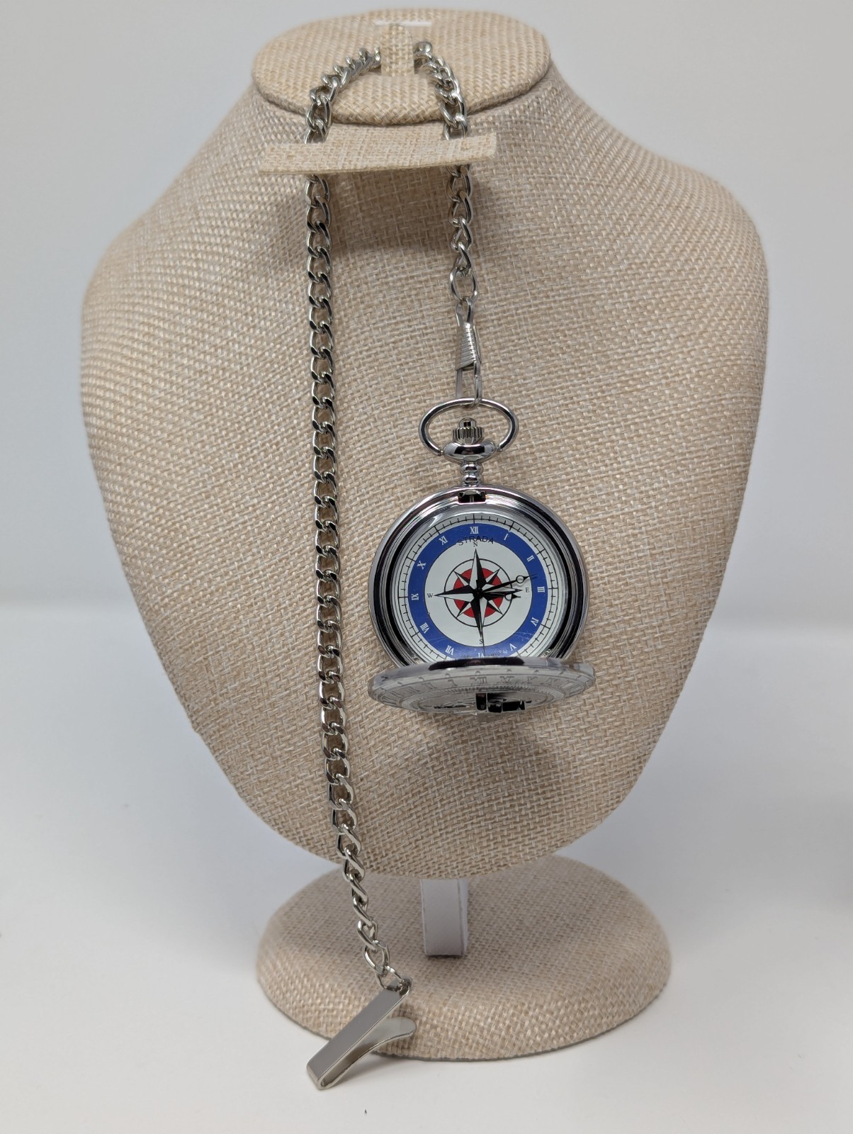 Strada Genoa Pocket Watch Compass Dial Roman Numerals w/ Chain New In Box Quartz