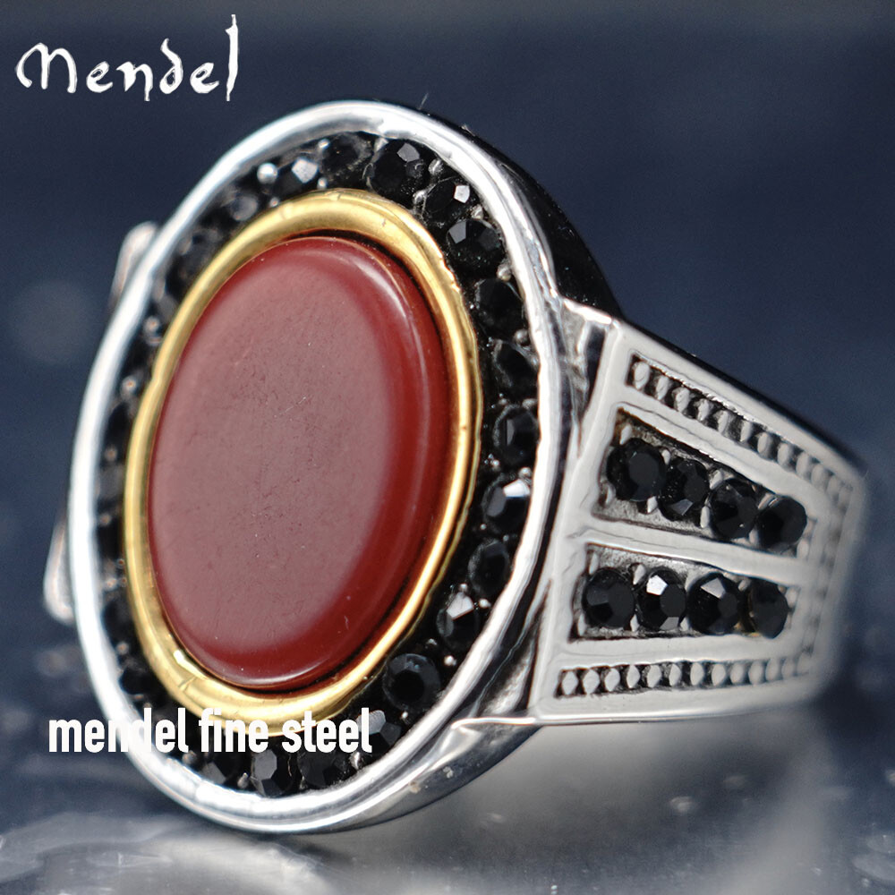MENDEL Large Mens Gold Plated Red Coral Stone Ring Size 7 8 9 10 11 12 13 14 15