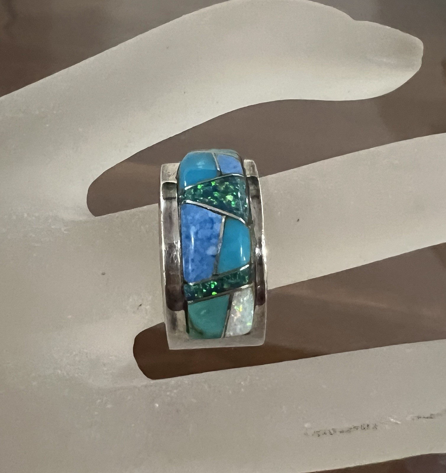 Blue Opal Inlay Navajo 647 “ An Angle Number” Sterling Silver Ring Size 8.25