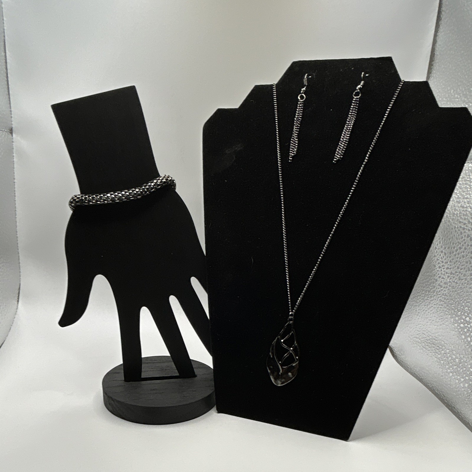 Dark Gunmetal Twisted Filigree Pendant Long Chain Necklace Mesh Bracelet 3pc Set