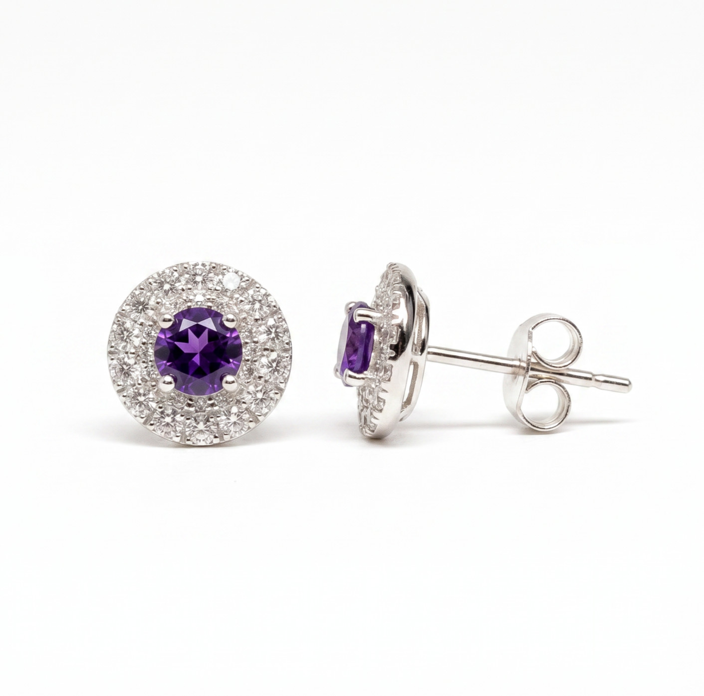 925 Sterling Silver Amethyst Halo Stud Earrings Lab Created February Gift
