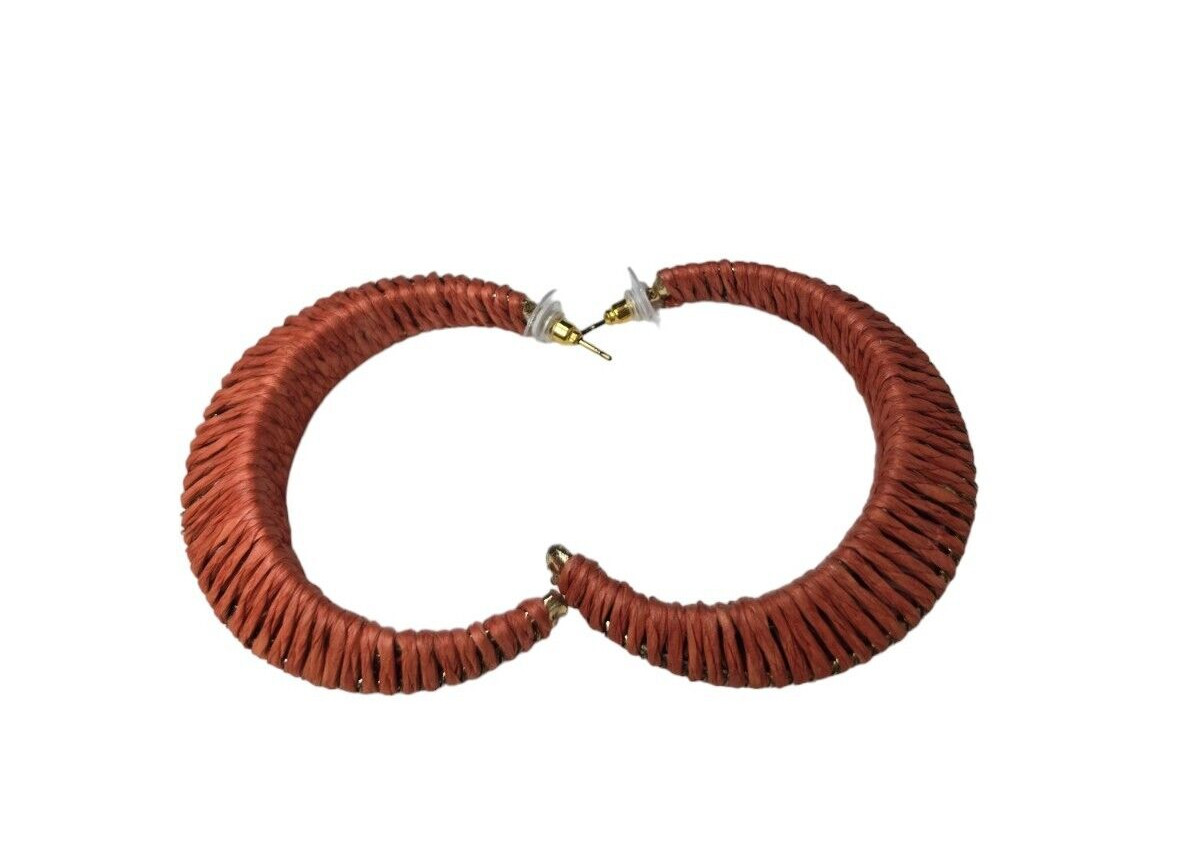 Free People Hoop Earring Rust Straw Over Metal 2.25″ Round Pierced Post NWT