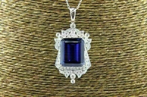 3Ct Emerald Cut Blue Sapphire Halo Pendant 14K White Gold Finish Free 18″ Chain