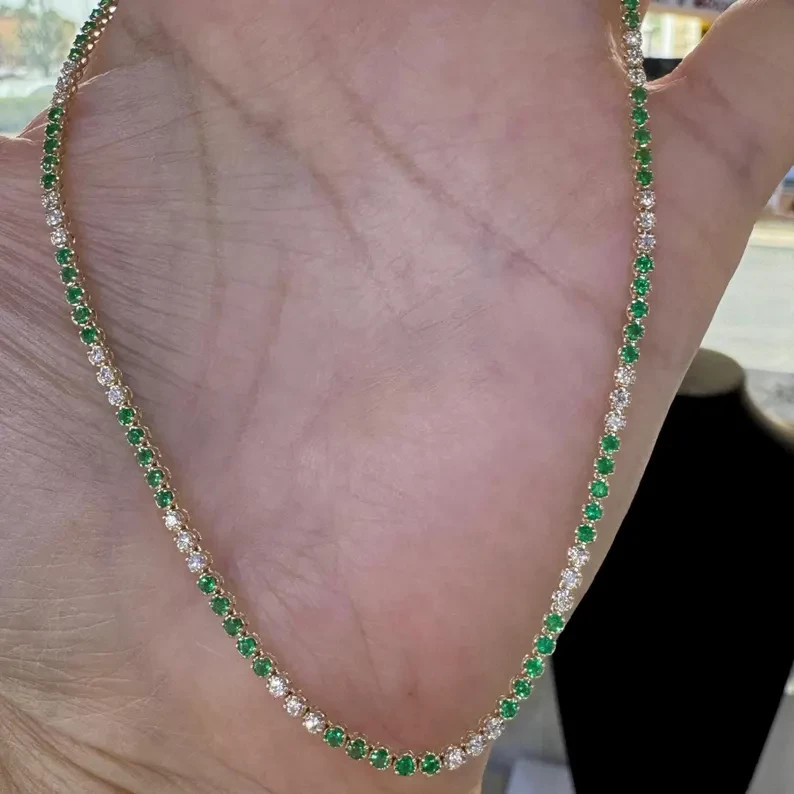 4Ct Round Lab-Created Emerald & Moissanite Tennis Necklace 925 Sterling Silver