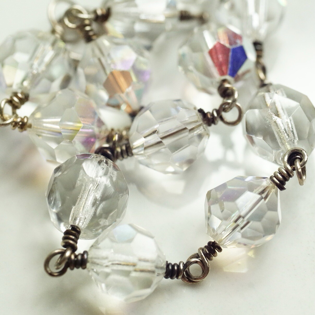 Sterling Silver Twisted Wire Clear Glass Crystal Bead Bracelet 7.36”