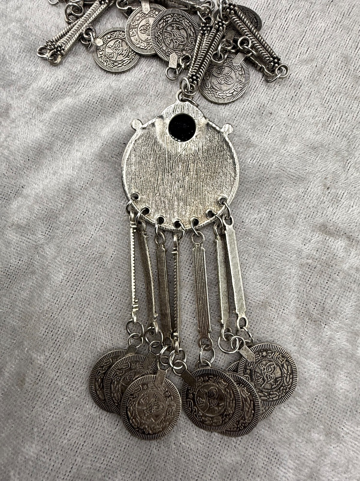 Faux Coin Necklace Silver Tone Fringe 24”