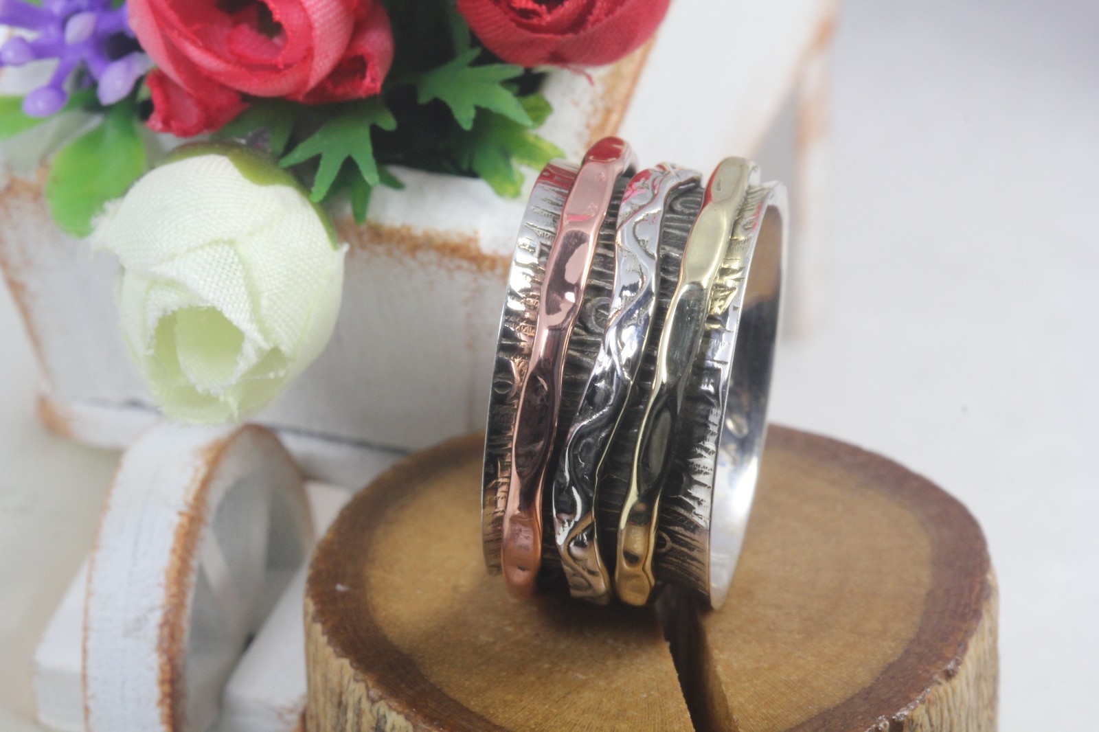 Wood Grain Boho Sterling Silver 925 Gold, Rose Fidget Spinner Meditation Ring