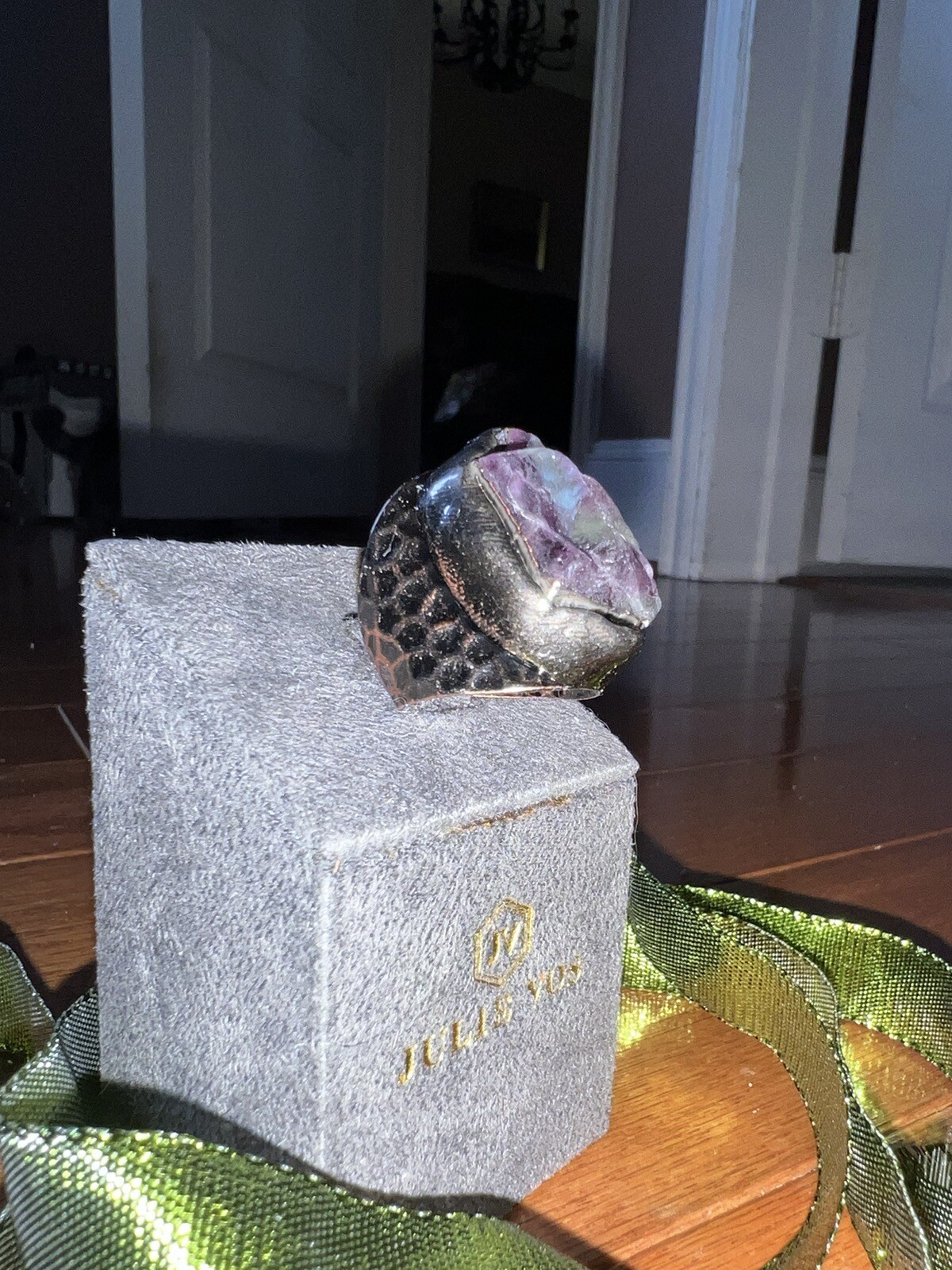 NEW Fluorite Statement Ring W/ Antiqued Copper Patina Band Sz 7-9 Adjustable