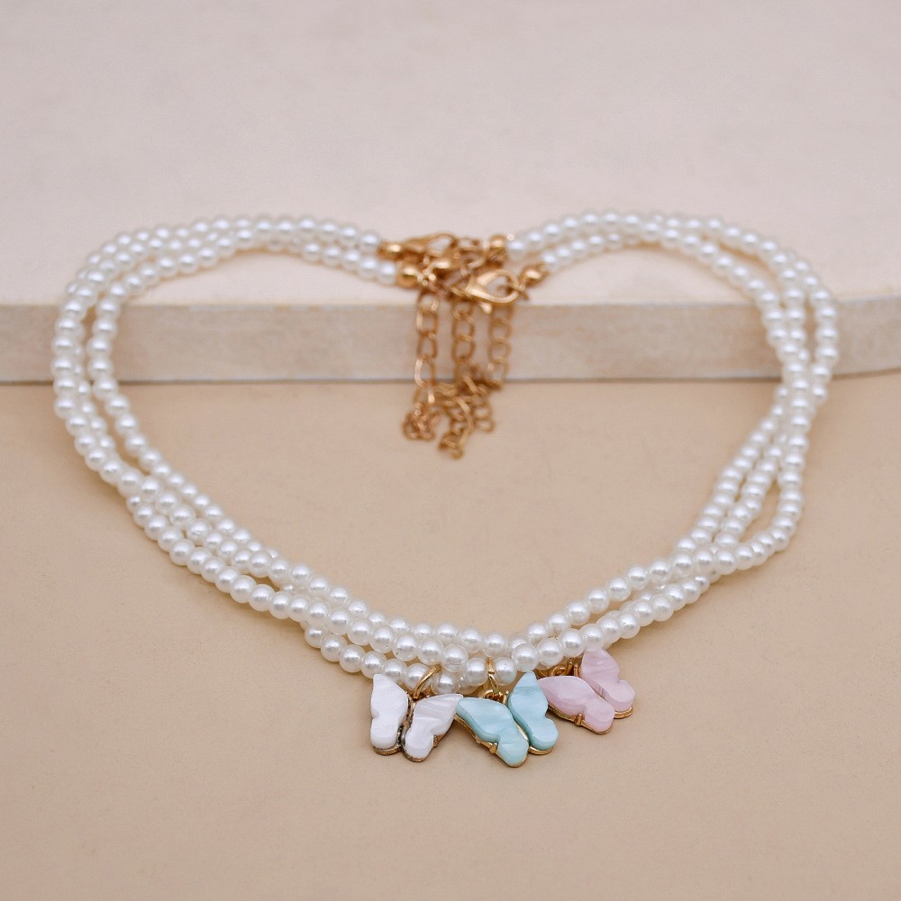 Elegant White Pearl Choker Necklace Small Round Pearl Wedding Butterfly Necklace