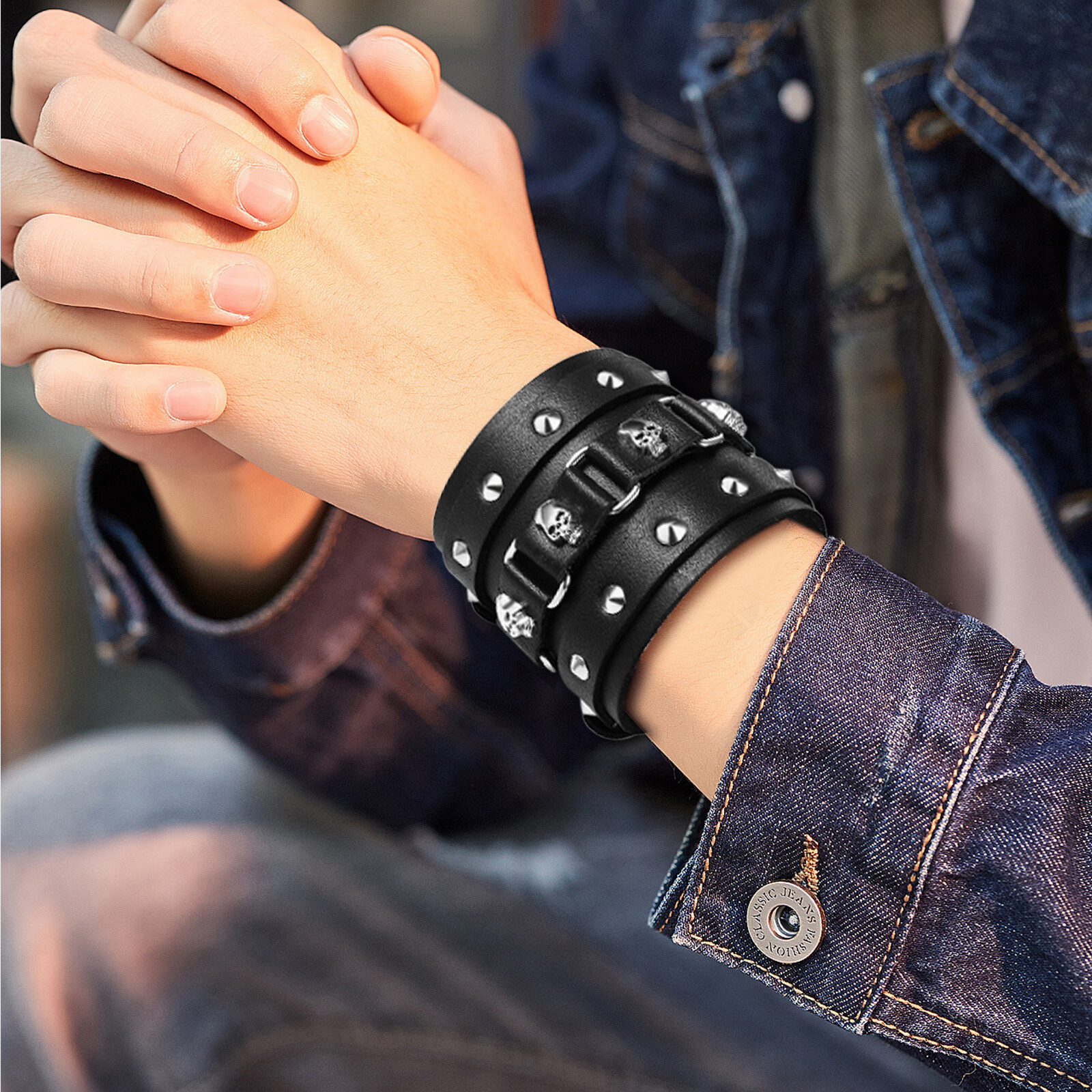 Mens Punk Wide Braided PU Leather Bangle Wrap Bracelet Adjustable Cuff Wristband