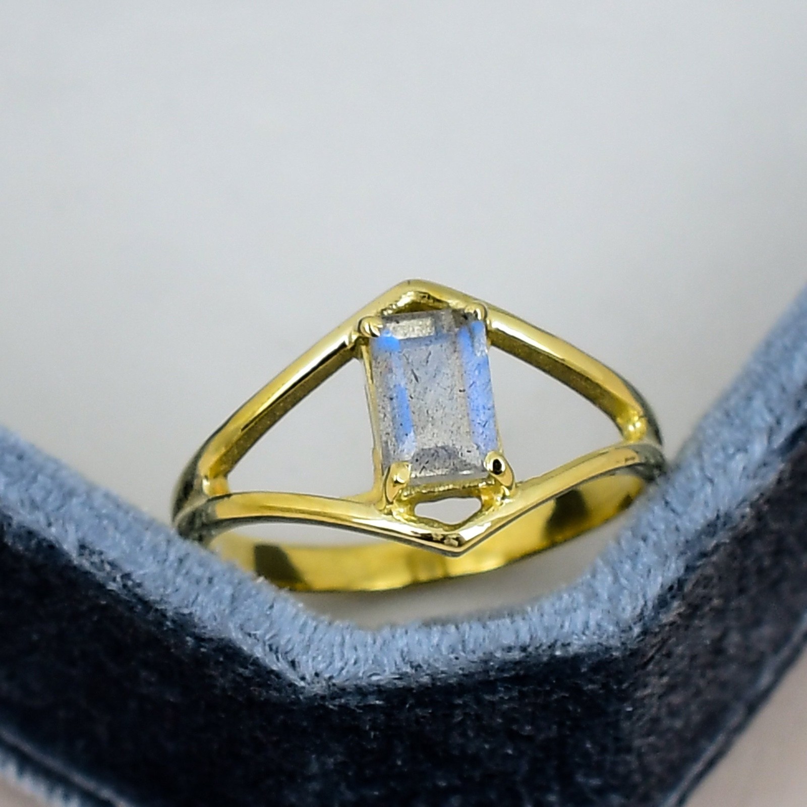 Labradorite Ring 18K Gold Plated 5x7mm Baguette Gemstone Minimalist Ring