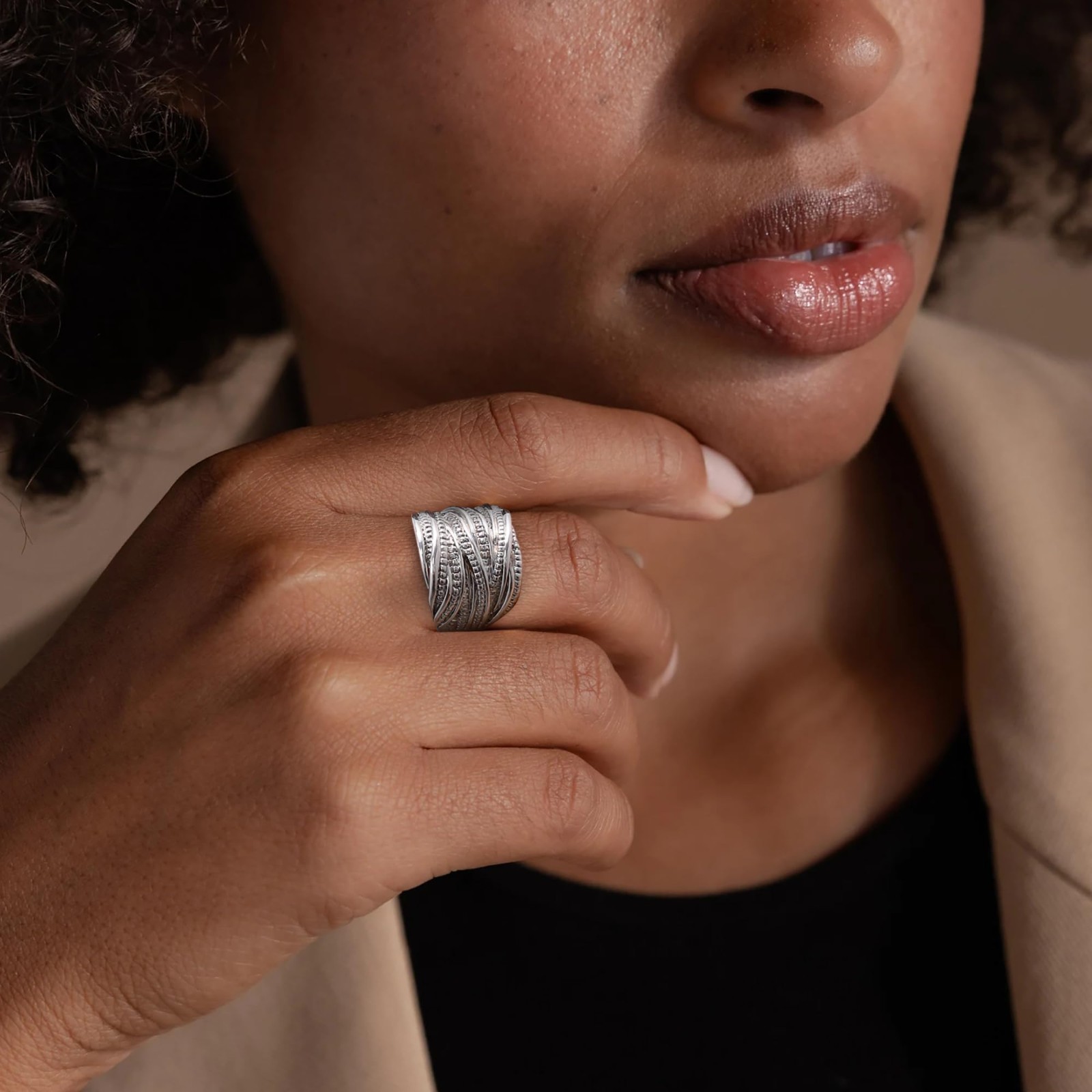 Intertwined Crossover Statement Ring – Chunky Band for Women, Wide Index Finger