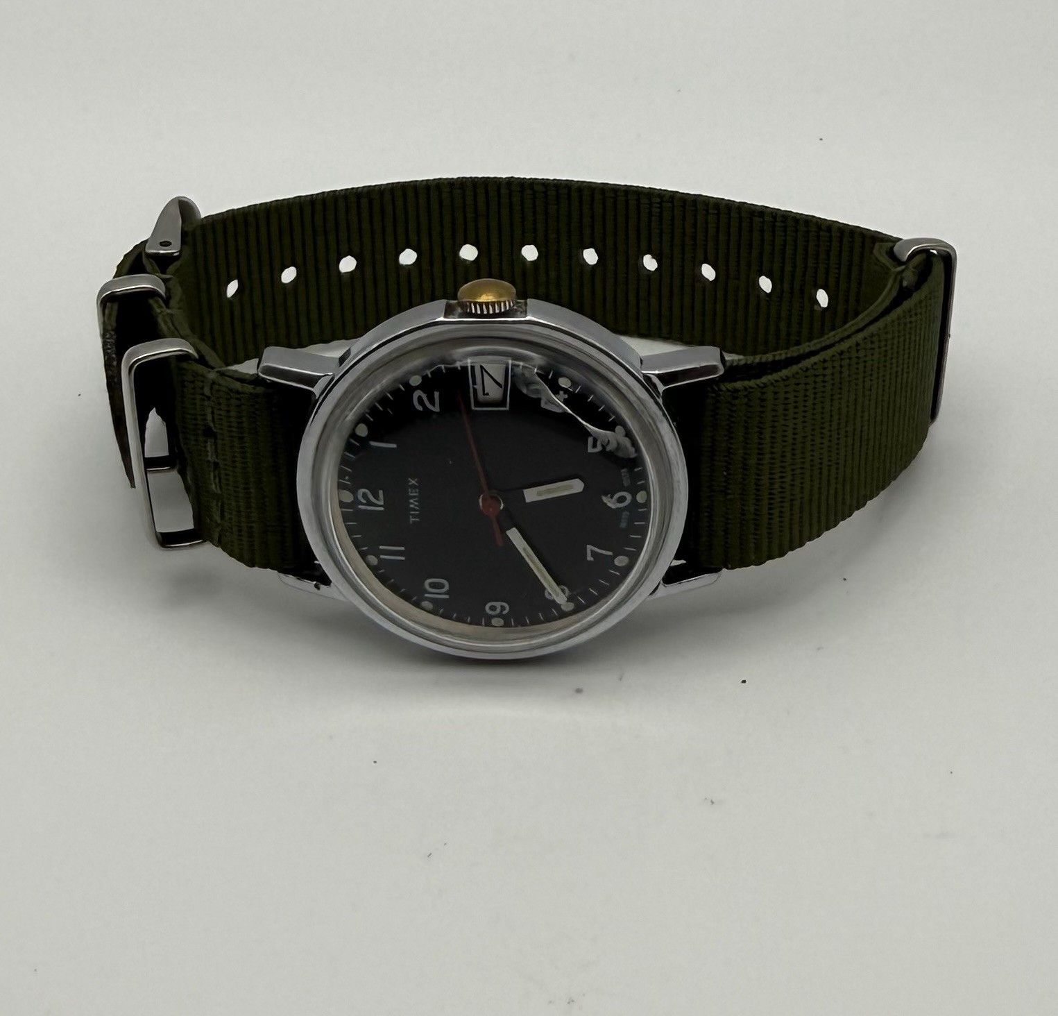 Timex Quartz Vintage 1978 Mercury Calendar Black Dial Green NATO Strap