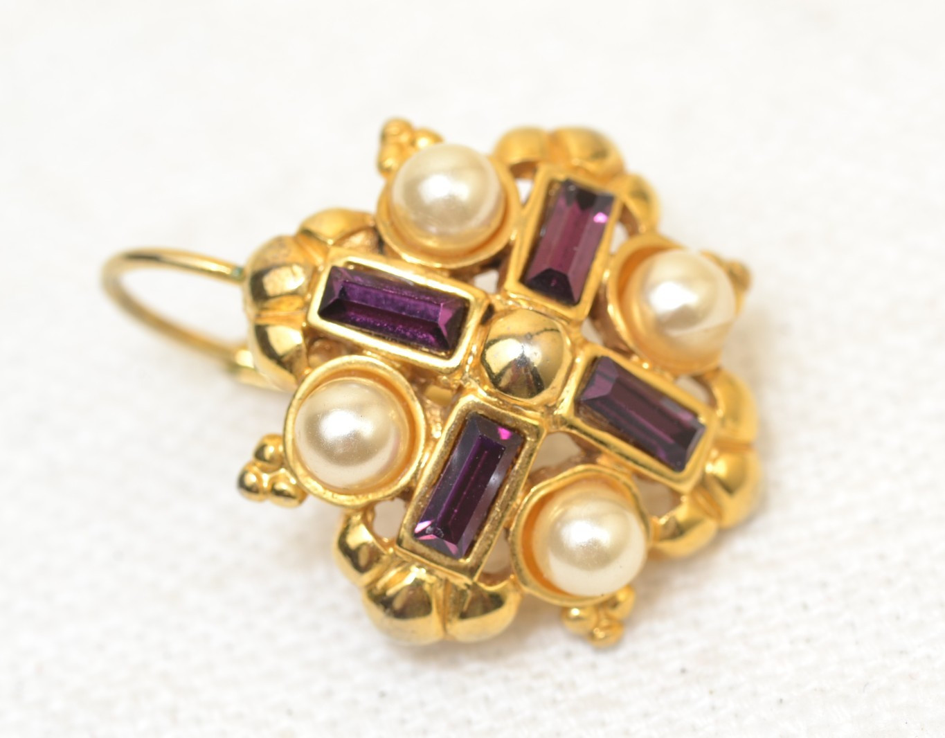 Byzantine Revival Gold Tone Earrings Faux Amethyst/Pearl Maltese Cross VENUE VTG