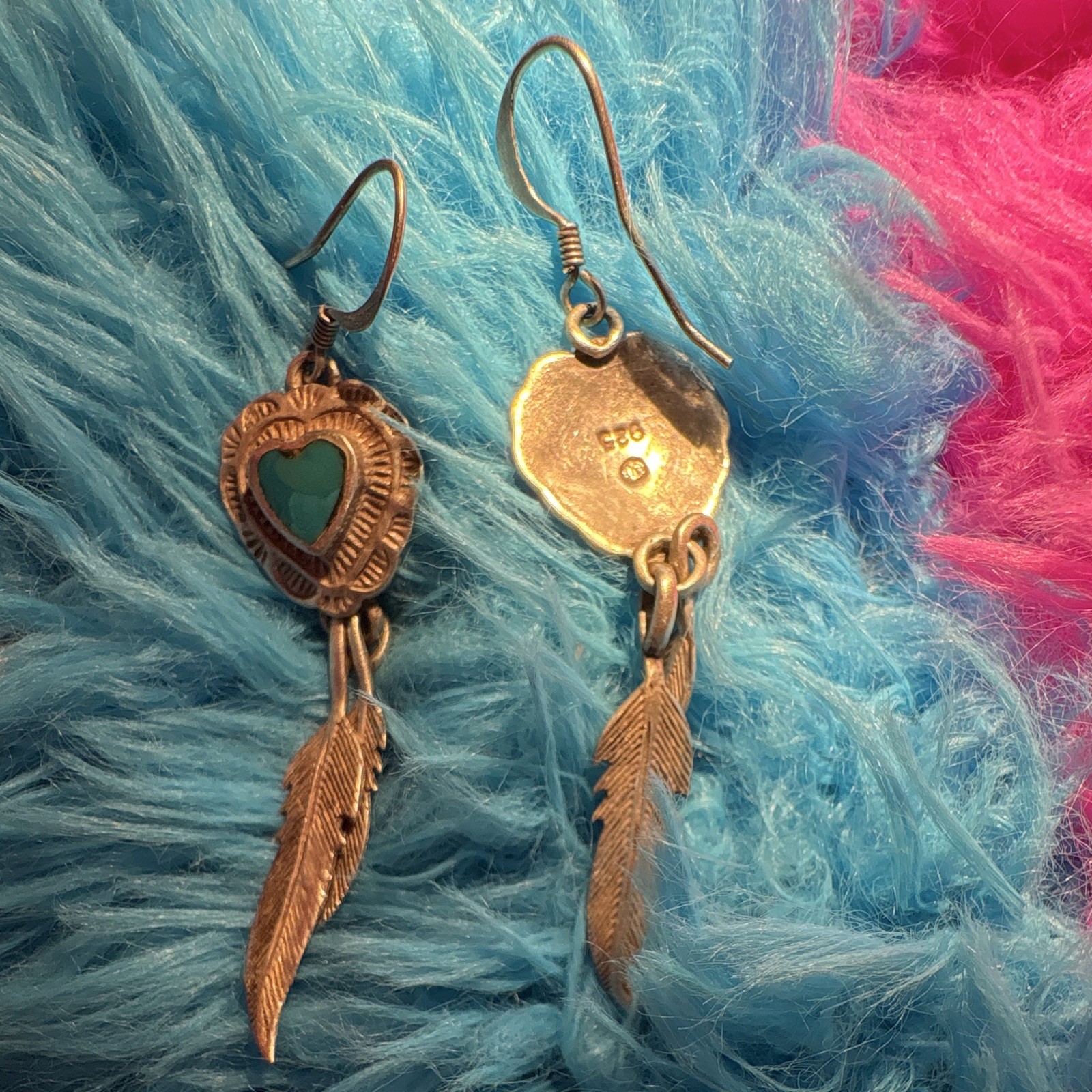Gold Tone Heart Blue Turquoise Dangle Hook Earrings with Feather Charms