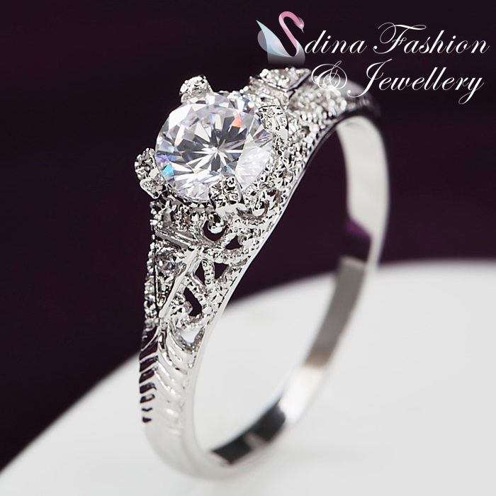 18K White Gold plated AAA Grade Cubic Zirconia Vintage HollowOut Engagement Ring