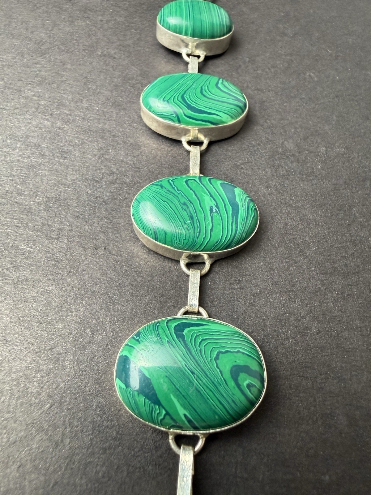 925 Sterling Silver Malachite Link Bracelet 35g Toggle Clasp Artisan Vintage