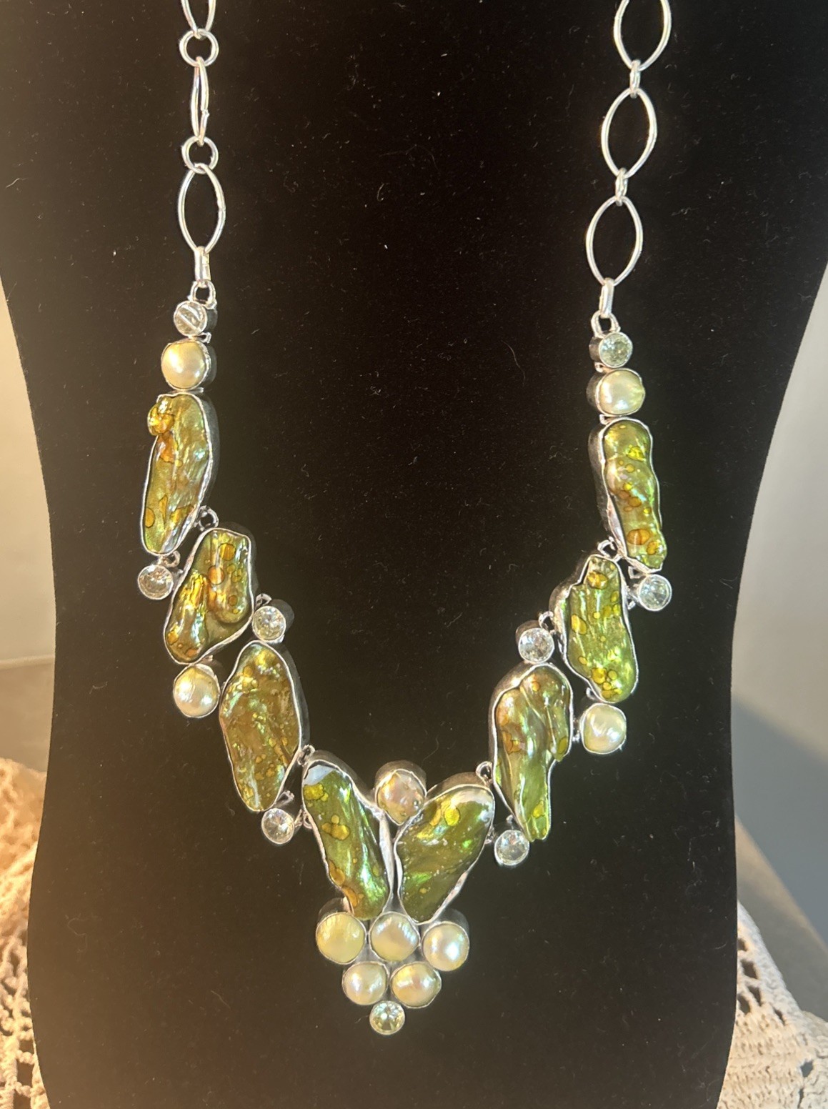 VTG Handmade Sterling Silver Blister/Snake Shell Pearl Citrin Necklace 21-24” L