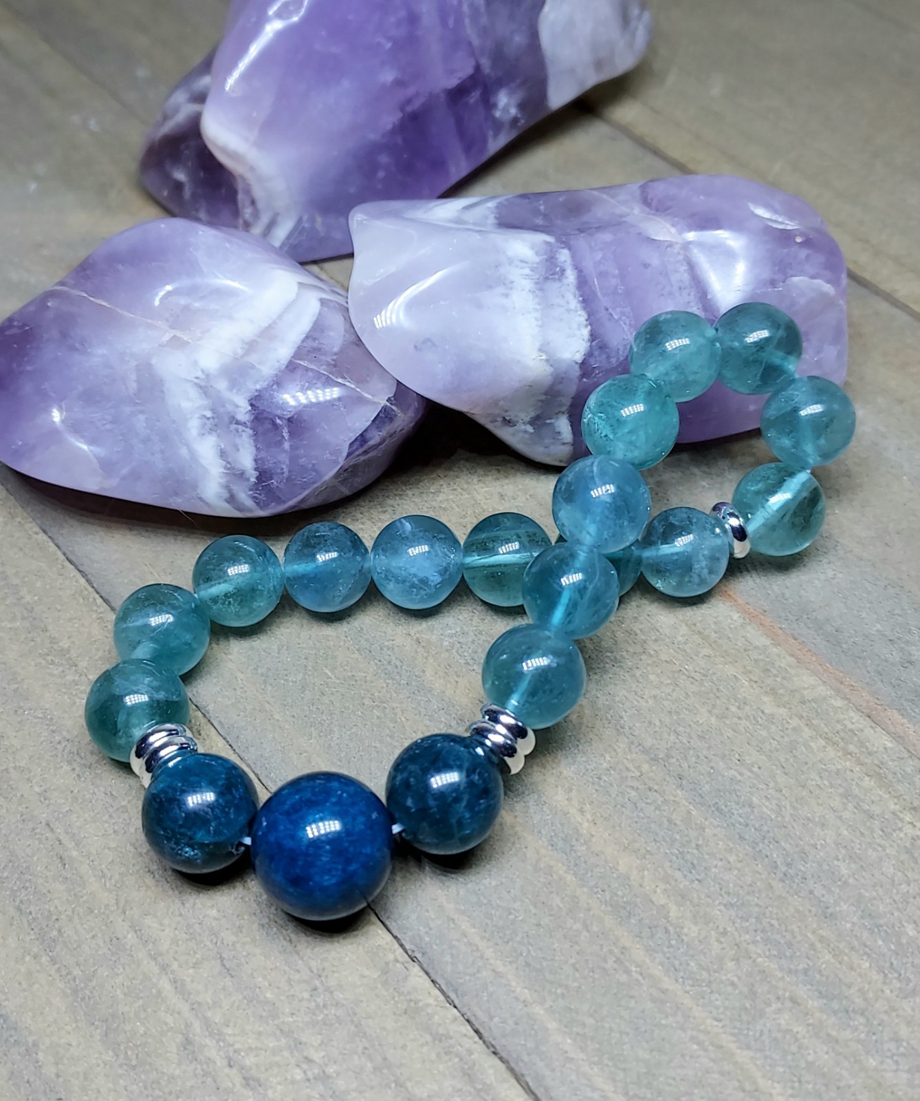 Blue Fluorite Bracelet With Blue Apatite, One Of A Kind Crystal Healing, 6.50″