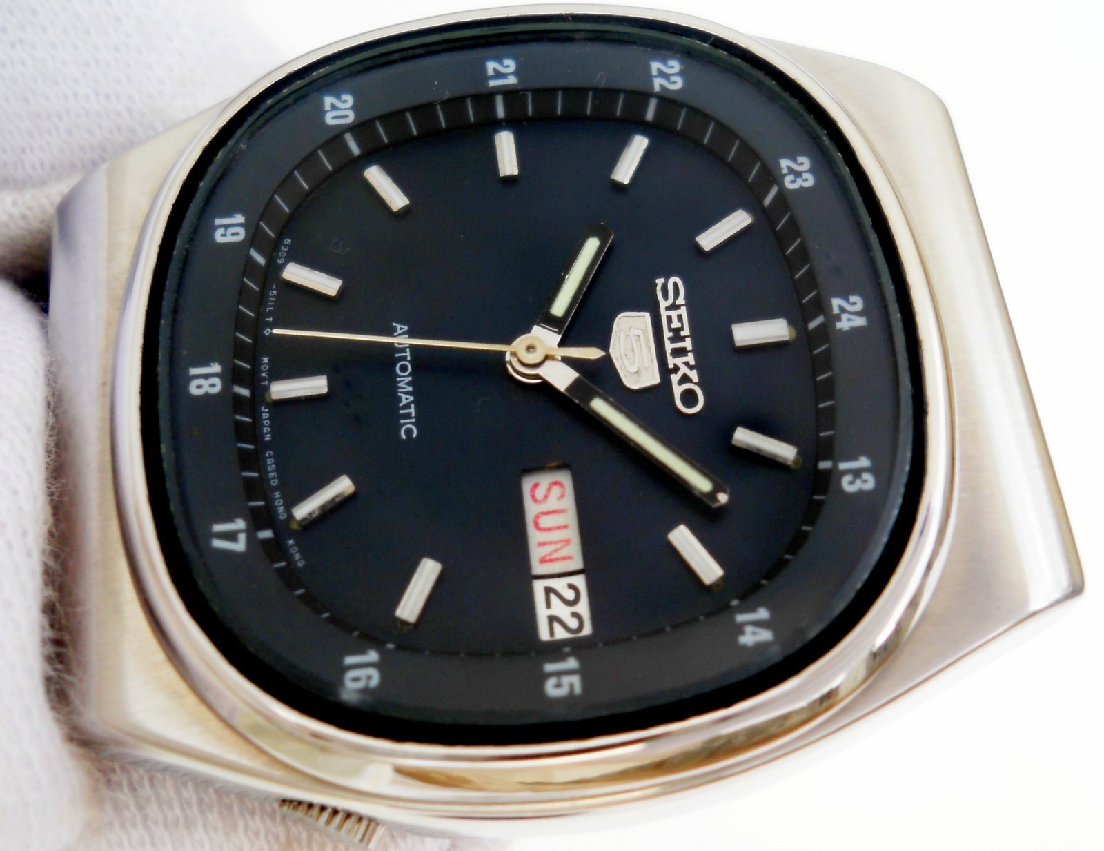 Vintage Seiko 5 Railway Time Automatic Watch TV Dial Cushion Case Caliber 6309