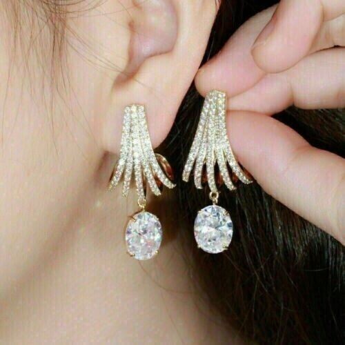 2Ct Oval Cut Lab Created Diamond Drop Dangle Earrings 14K Yellow Gold Plated