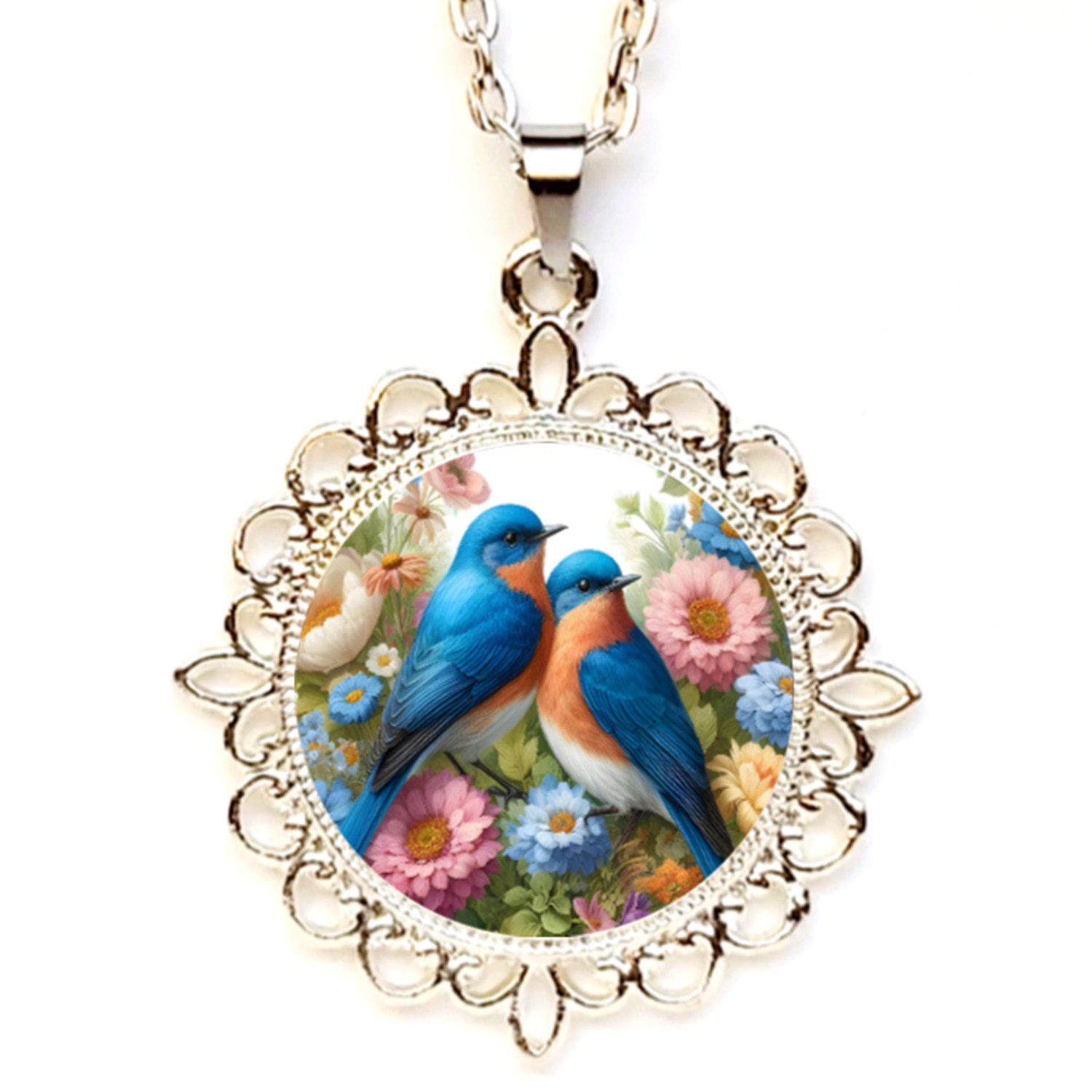 Bluebird of Happiness Bezel Filigree Pendant/Necklace Silver Gold Rose Gold Tone