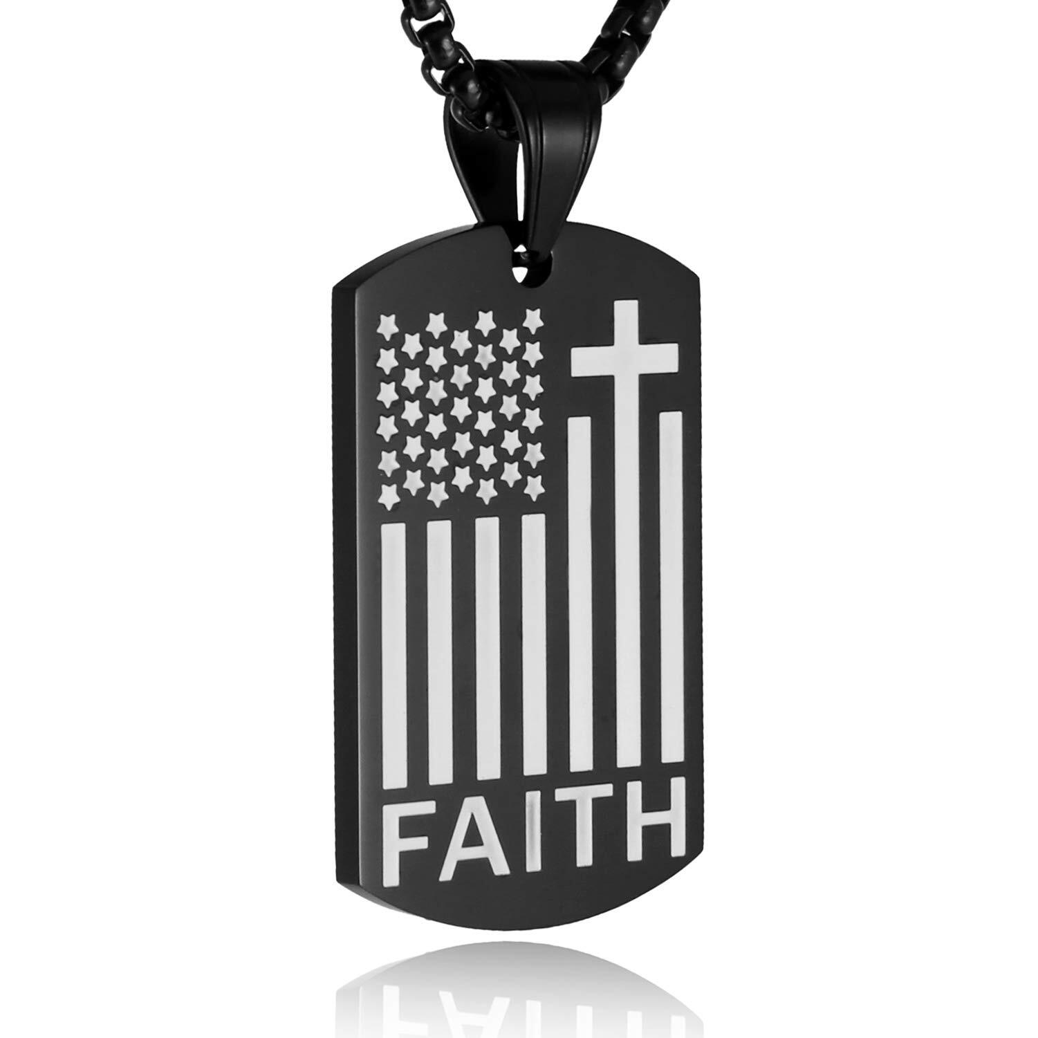 Men American Flag Cross Necklace Patriotic Verse Faith Dog Tag Pendant Chain