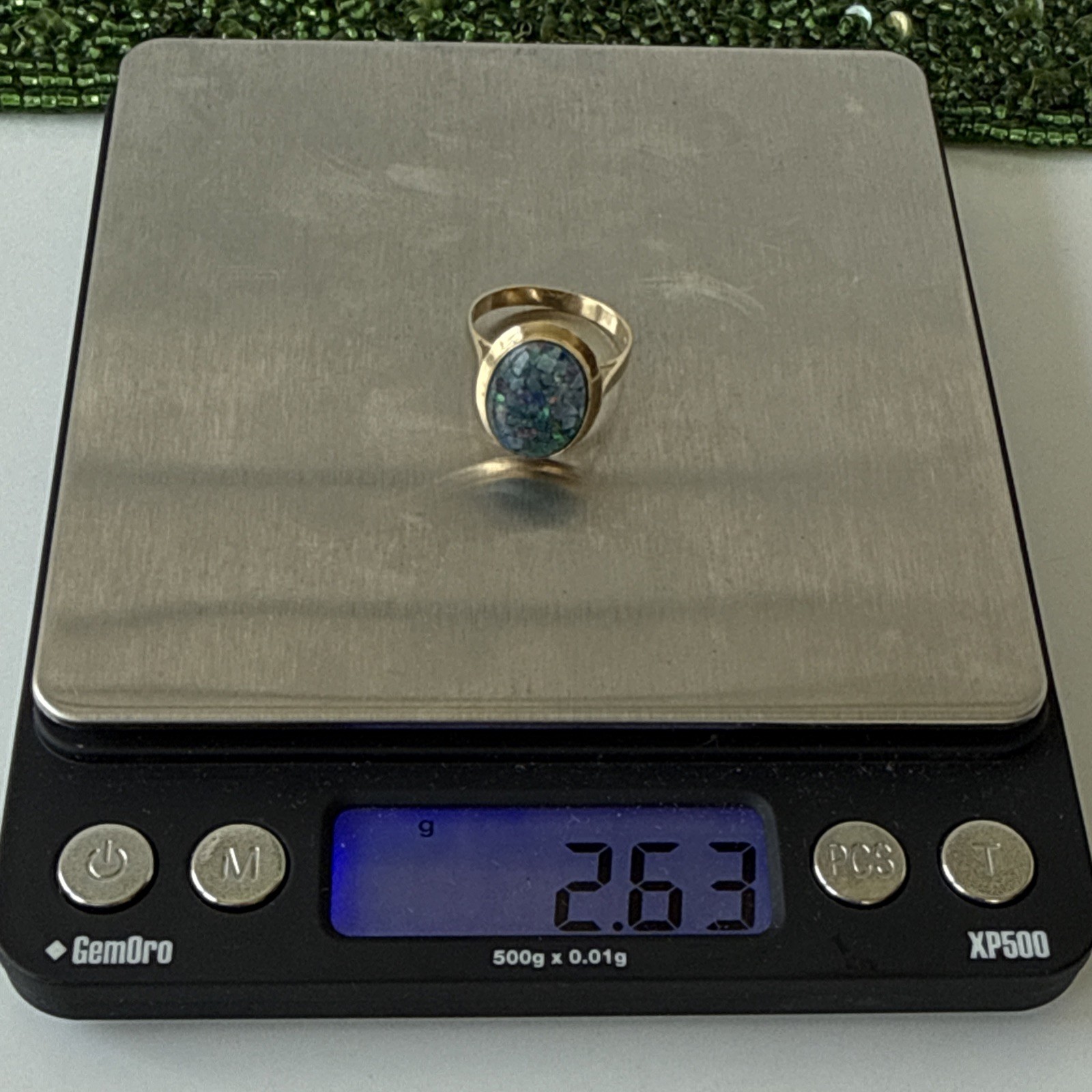 Vtg. Stamped 14K /585 Solid Yellow Gold Mosaic Opal Large Face Ring ,Sz:6.5
