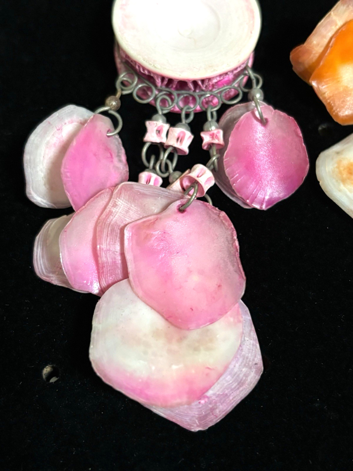 Shell Dangle Disc Fringe Hippie Boho Pink/Orange Silver Tone Earrings 3.75in