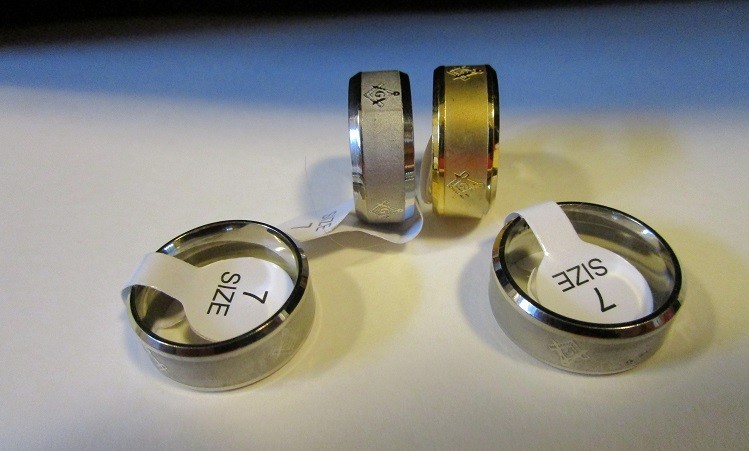 Big Lot of 45 Stainless Steel Band Rings – Masonic Emblem – See Details Below