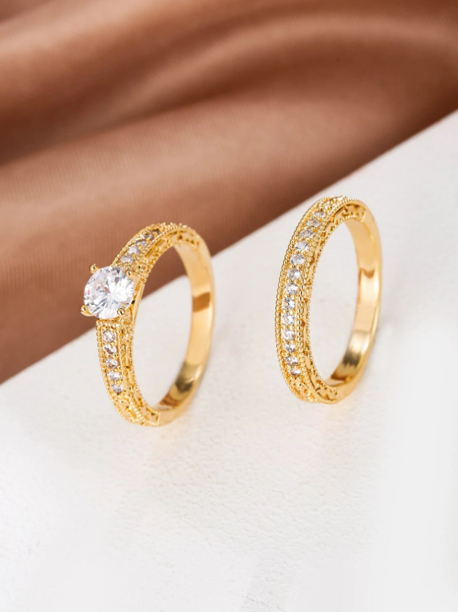 2 PCS CZ Ring Set Women Engagement Wedding Band Cubic Zirconia Jewelry Gift USA