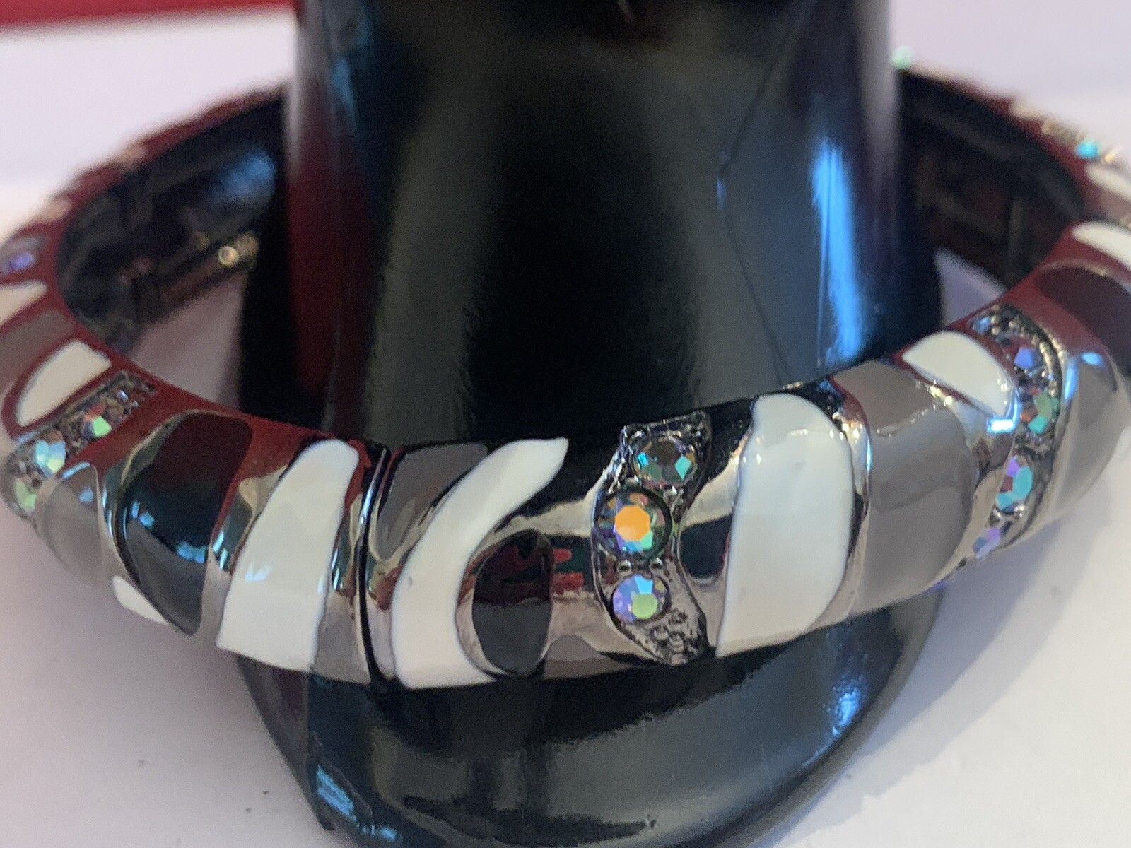 Joan Rivers Black/ Gray/ White Enamel Elastic Bracelet AB Crystals – BinT