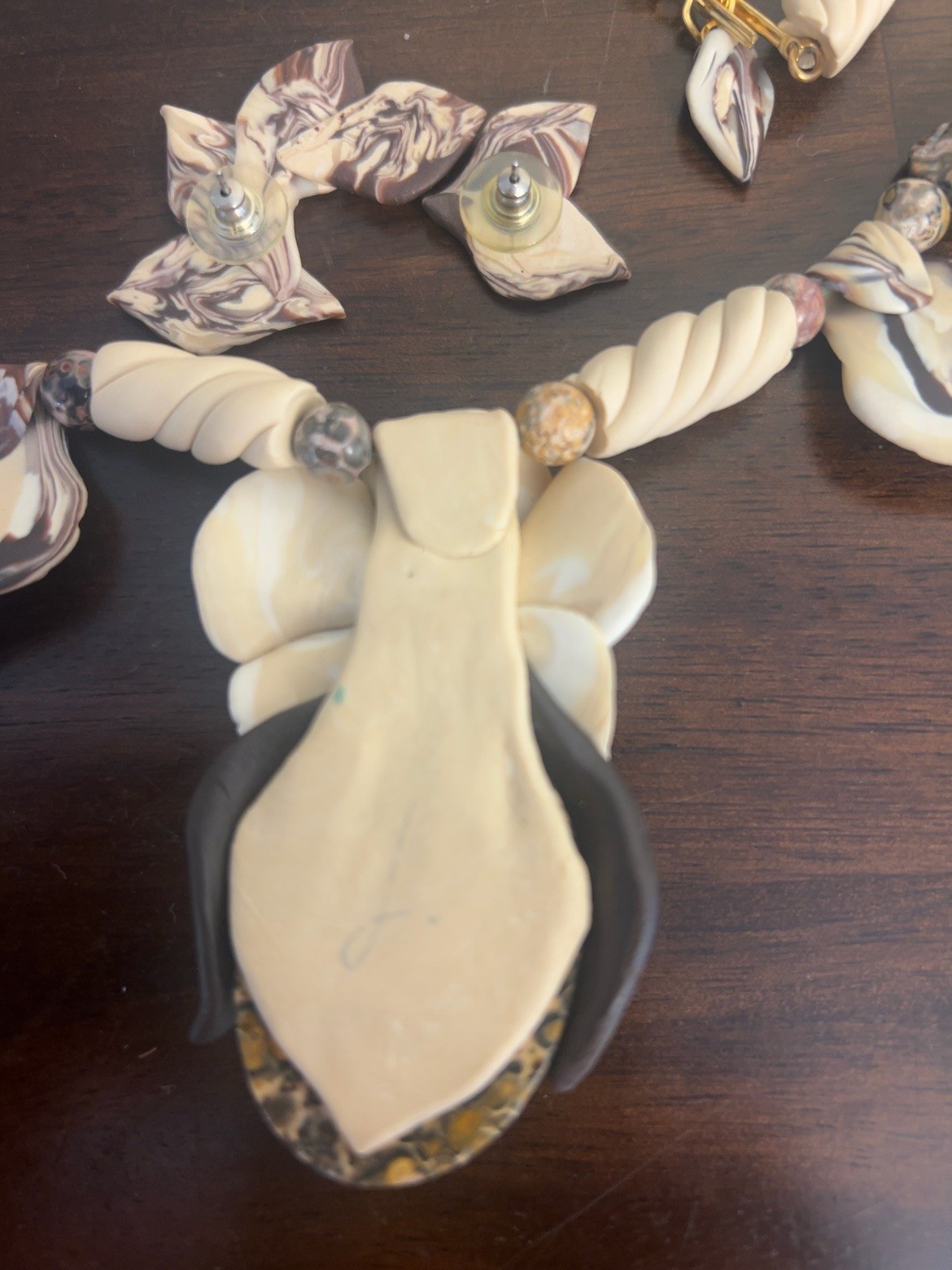 HANDMADE ARTISAN POLYMER CLAY ORCHID NECKLACE & EARRINGS FAUX JASPER OOAK SET
