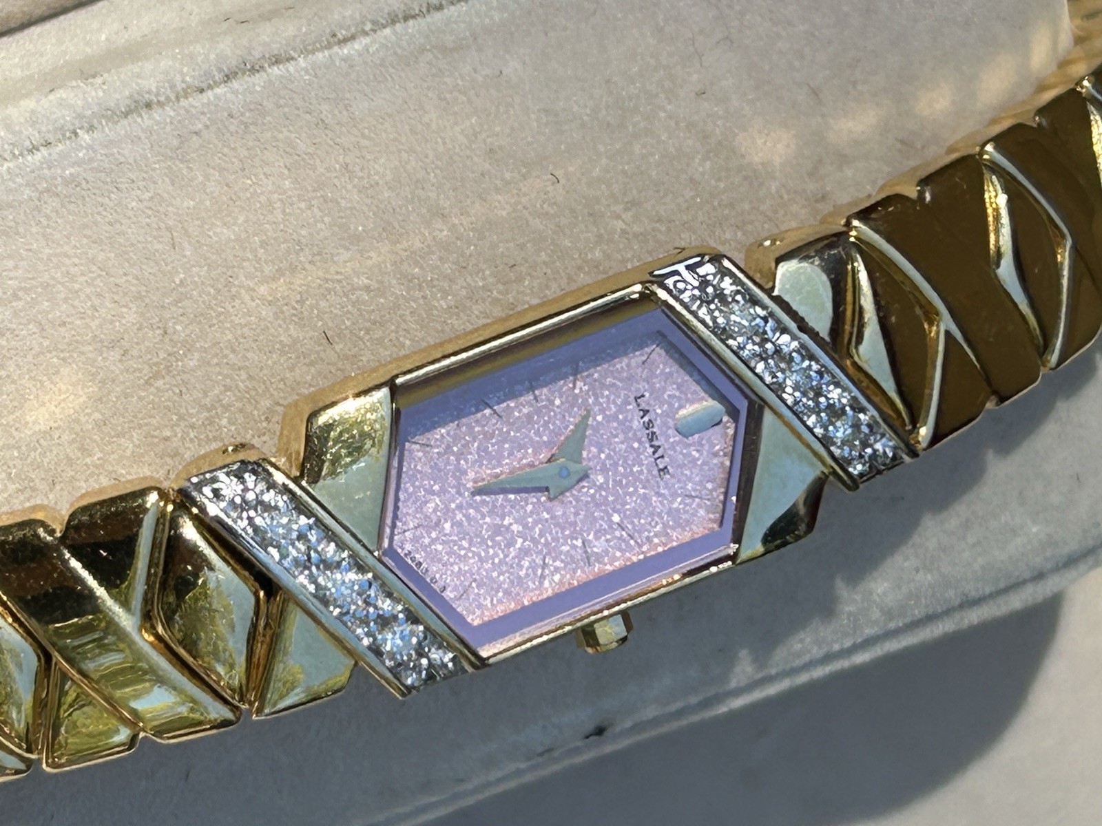 Seiko LaSalle Gold Plated Diamond Quartz Runs Pink Dial Sz 6 1/4 to 6 1/2