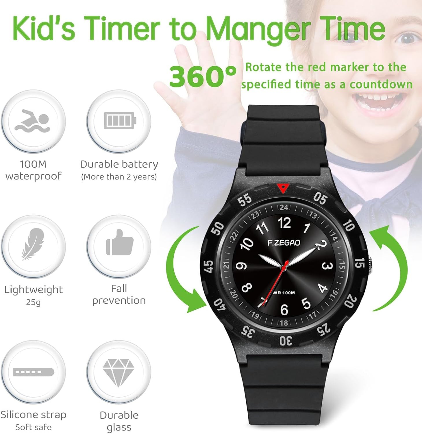 Kids Waterproof Watch for Boys Girls 10ATM, Kids Analog Watch with Second Hand E